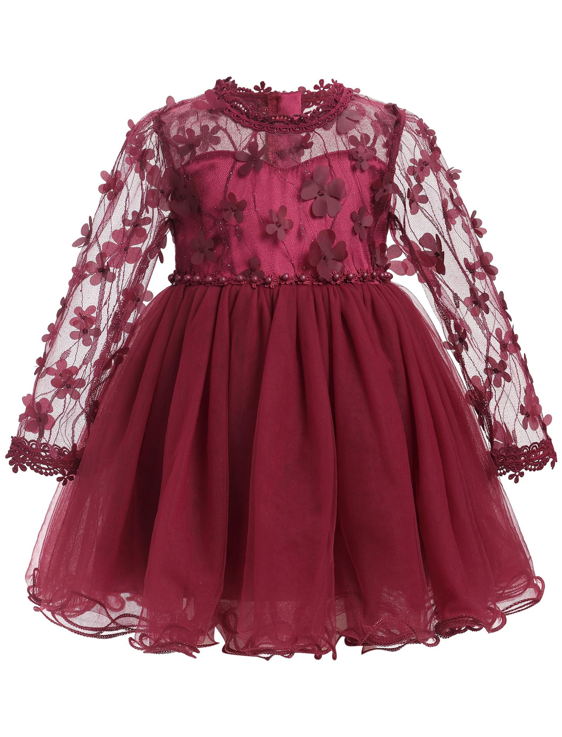 Baby Girl Long Sleeve Floral Lace Tulle Party Dress for Birthday, Wedding & Christening - Wine Red 3-6 Months