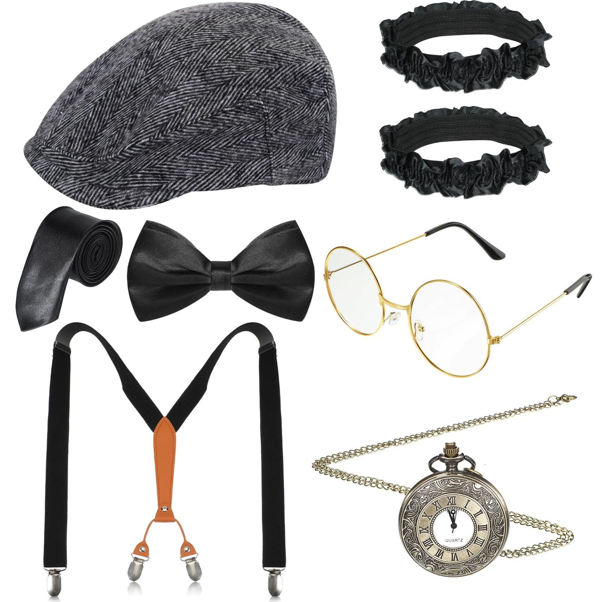 Men's 1920s Gatsby Fancy Dress Costume Set with Hat Suspenders Bow Tie Glasses Pocket Watch - Stripe Style
