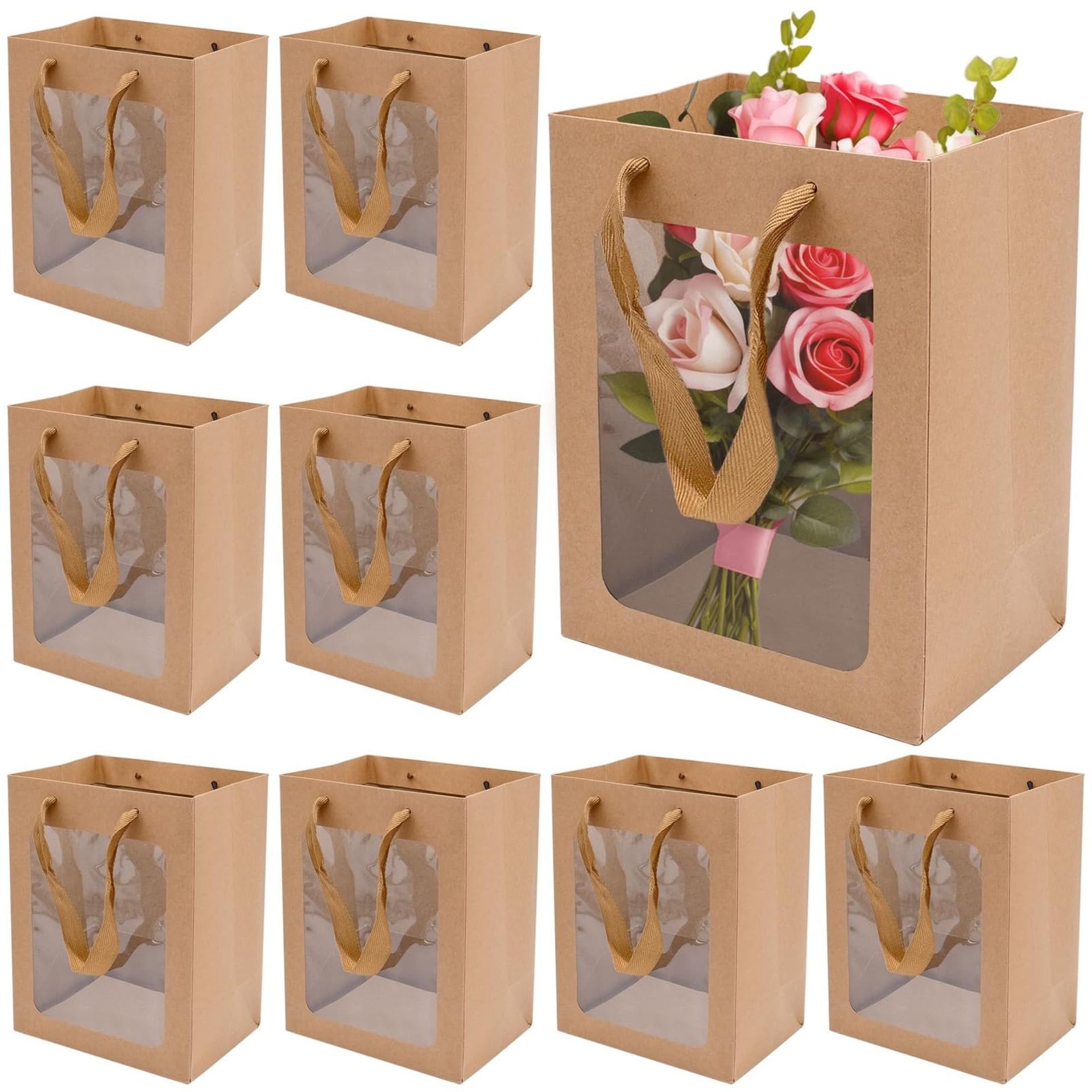 10 Pieces Gift Bags, Reusable Brown Party Bags Paper Bags with Window Gift Boxes for Birthdays Weddings Parties