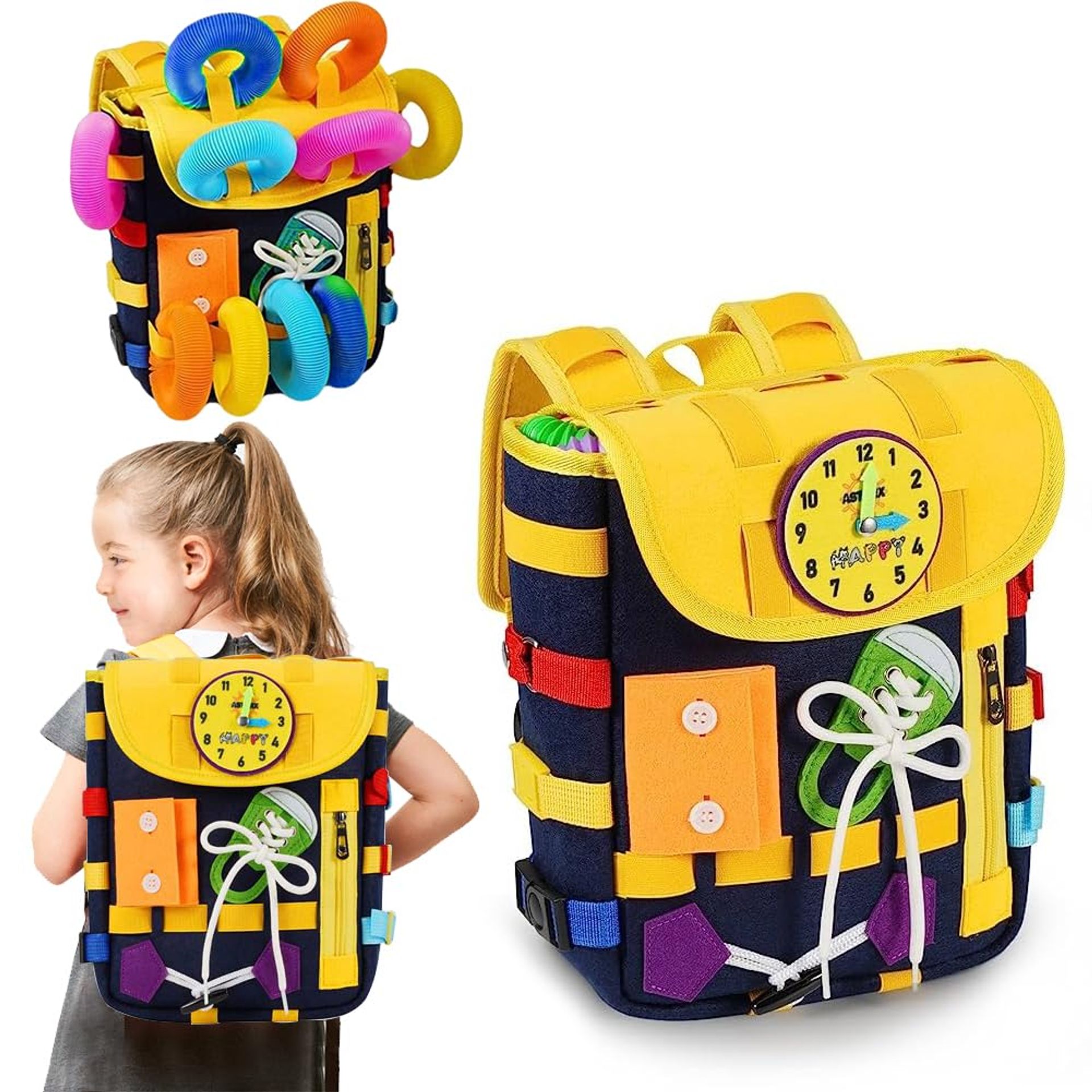 Montessori Toddler Busy Board Backpack with Buckles, Zips and Learning Activities - Colour Piccolo
