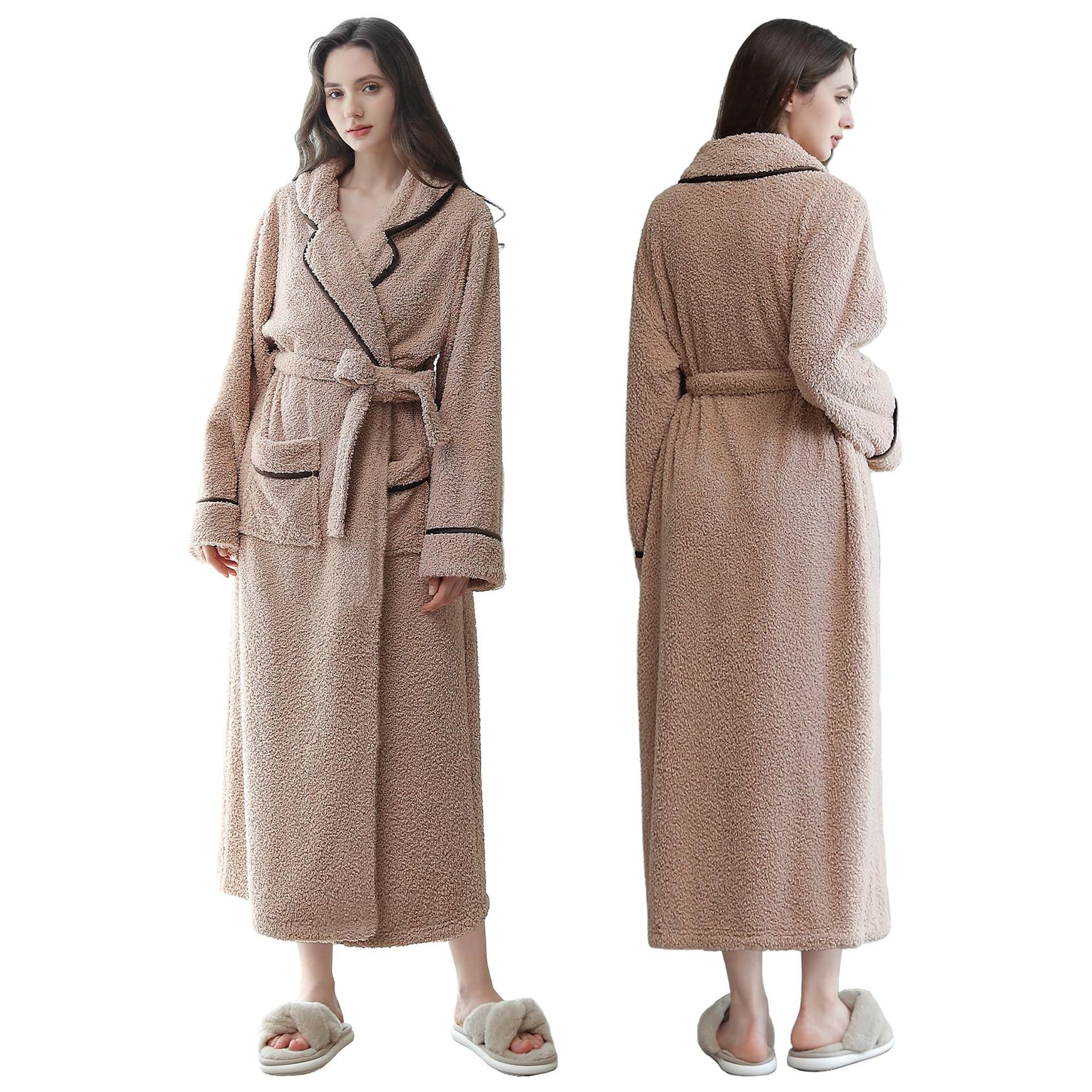 Women's Long Dressing Gown Full Length Fluffy Fleece Bathrobe with Belt - Khaki UK 8-10