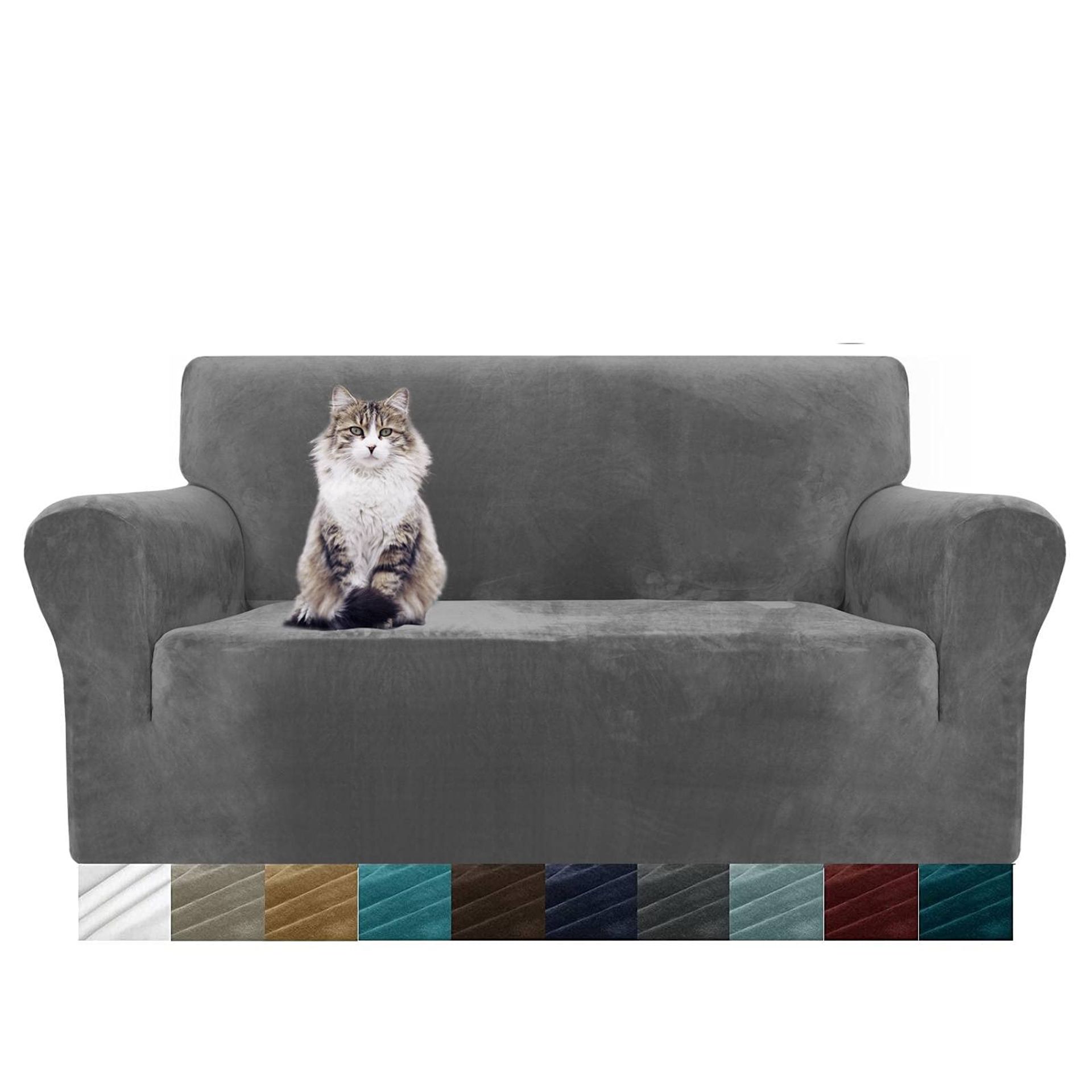 Thick Velvet 2 Seater Sofa Cover – Super Stretchy Loveseat Protector for Pets, Soft Plush Couch Slipcover in Grey