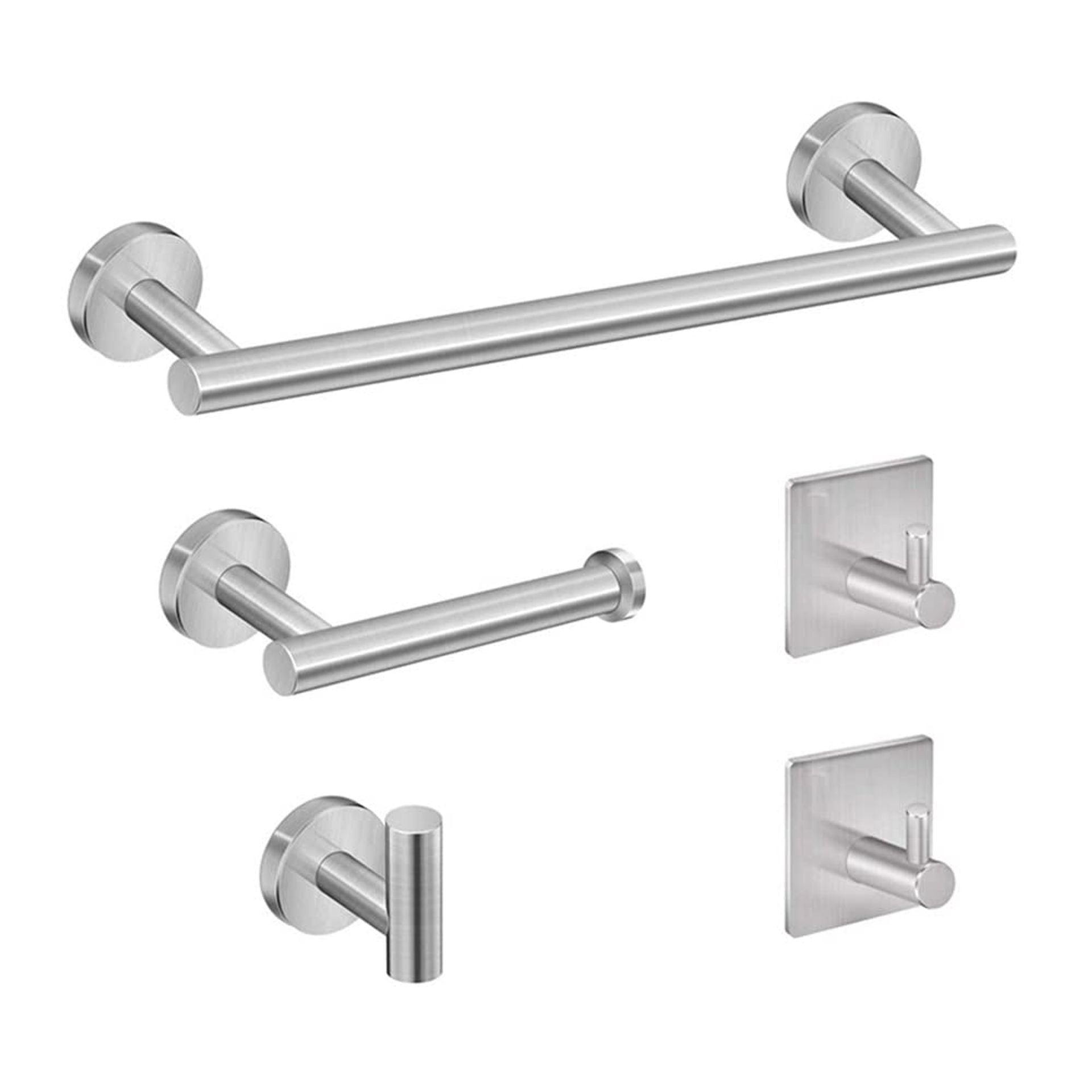 5-Piece Wall Mounted Bathroom Accessories Set Brushed Nickel Stainless Steel Towel Bar, Paper Holder & Hooks - Silver M