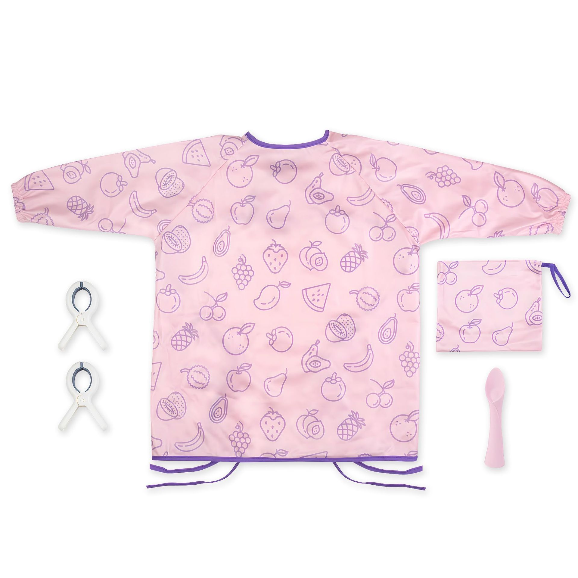 Waterproof Baby Weaning Bib with Sleeves & Spoon, Pink - Mess-Free, Easy Clean, Ages 6-36 Months