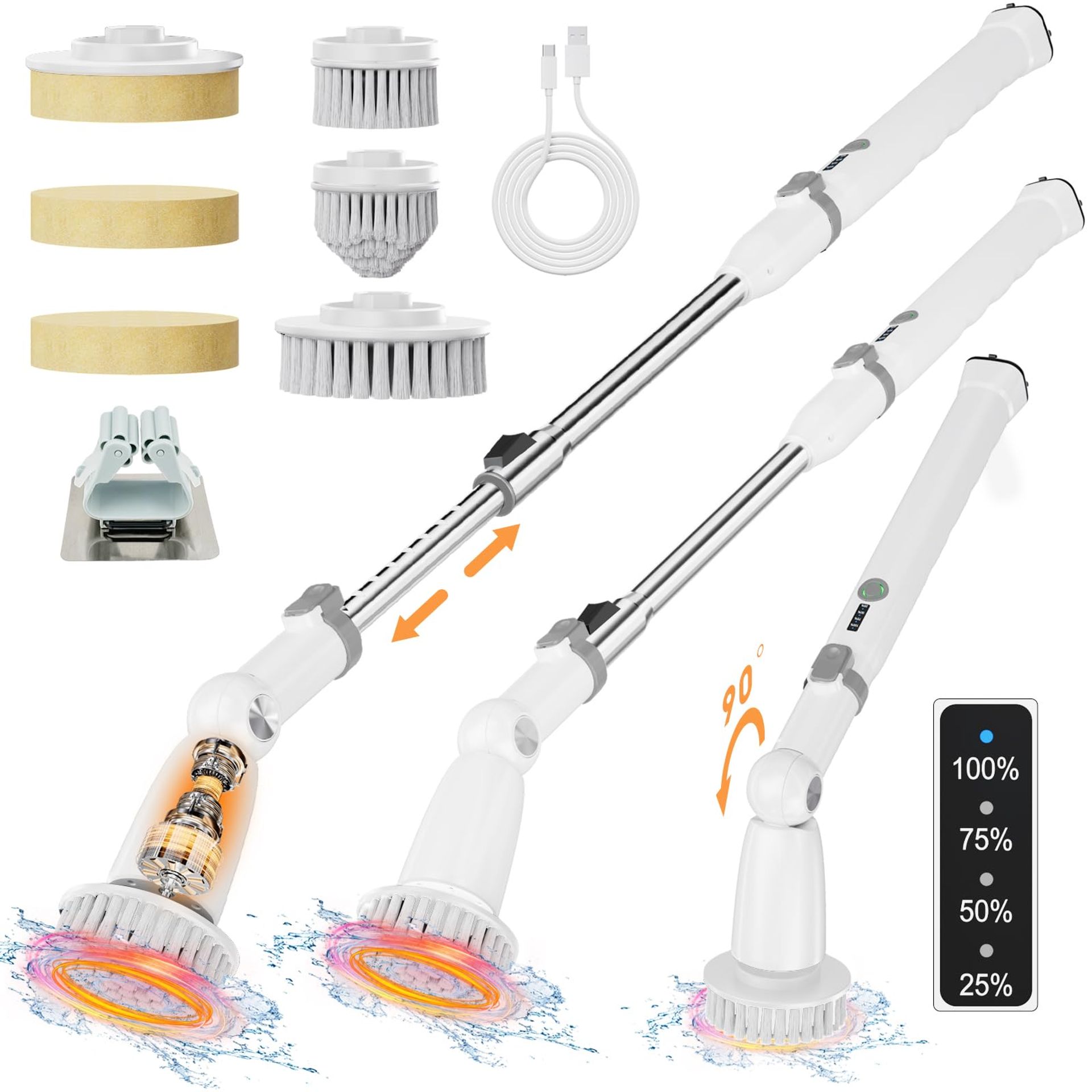 Electric Spin Scrubber Cordless Dual-Speed Bathroom & Shower Cleaning Brush with Adjustable Handle and 4 Brush Heads - Grey M