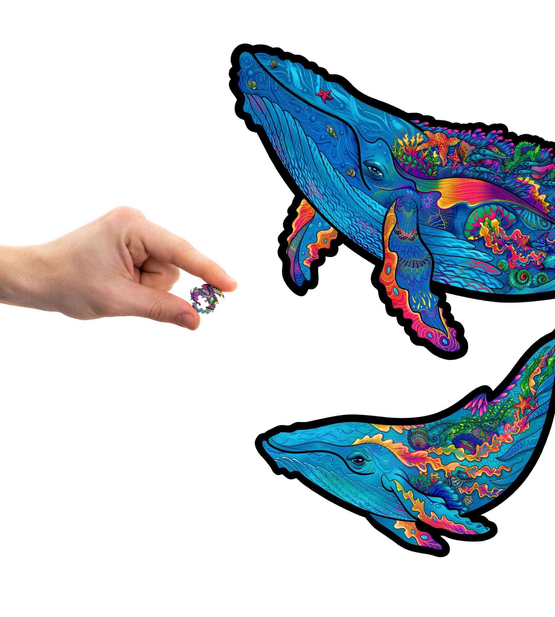 Original Wooden Jigsaw Puzzle – Milky Whales 98 pcs Small, Unique Animal Shapes Fun Family Game & Gift Idea