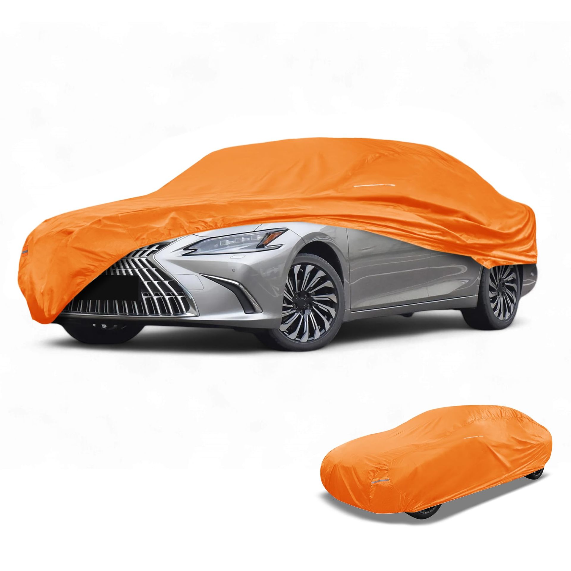 Waterproof All-Weather Universal Car Cover with Side Zipper & Mirror Pocket for Sedan 165"–177" - Orange Fit for Sedan Length 165" to 177"
