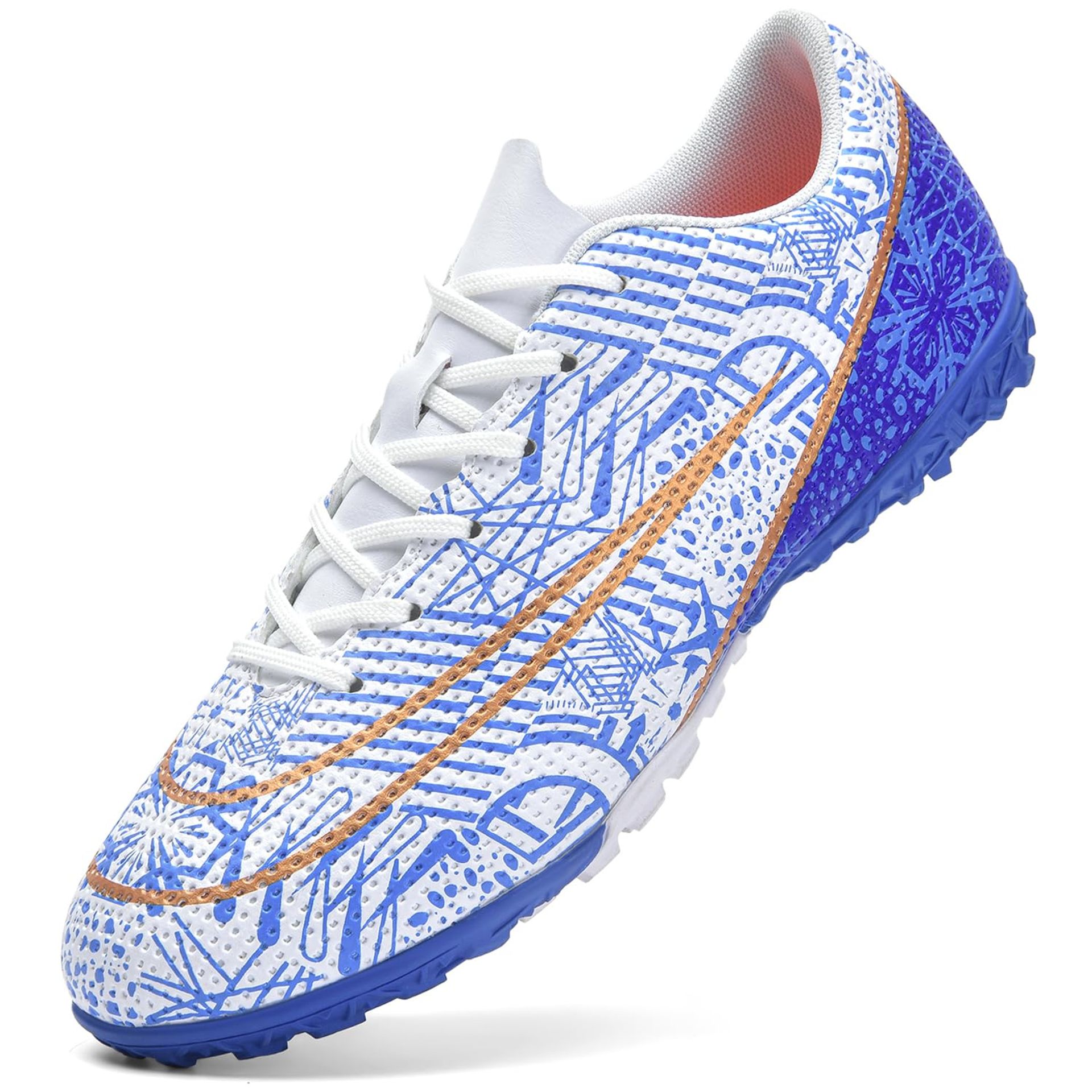 Kids Football Boots Boys Girls Soccer Trainers Indoor Outdoor FG/AG Turf - White Blue UK 2.5