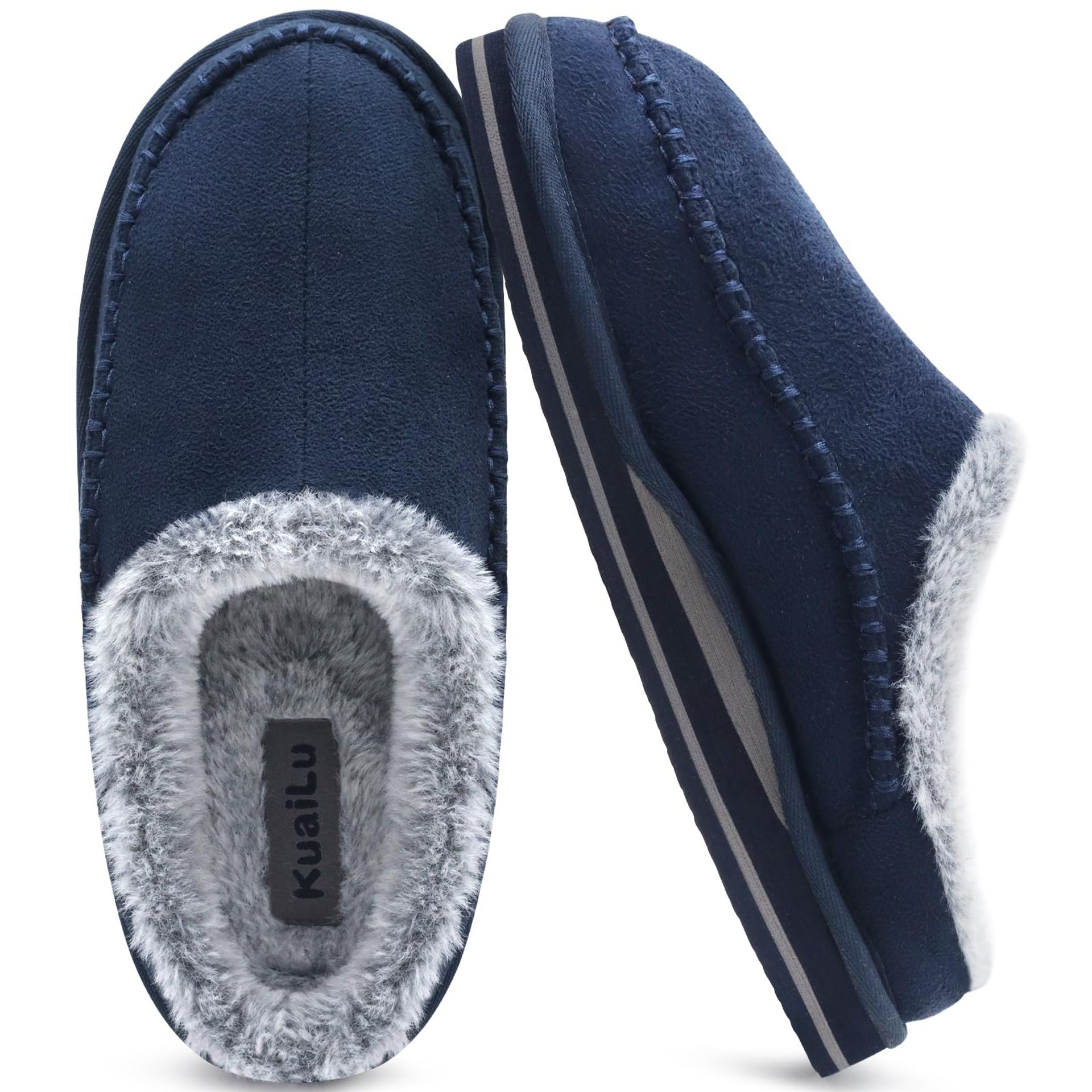 Men's Memory Foam Clog Slippers with Arch Support, Faux Fur Lining & Rubber Sole - Indoor Outdoor Comfy House Shoes Blue UK 8.5