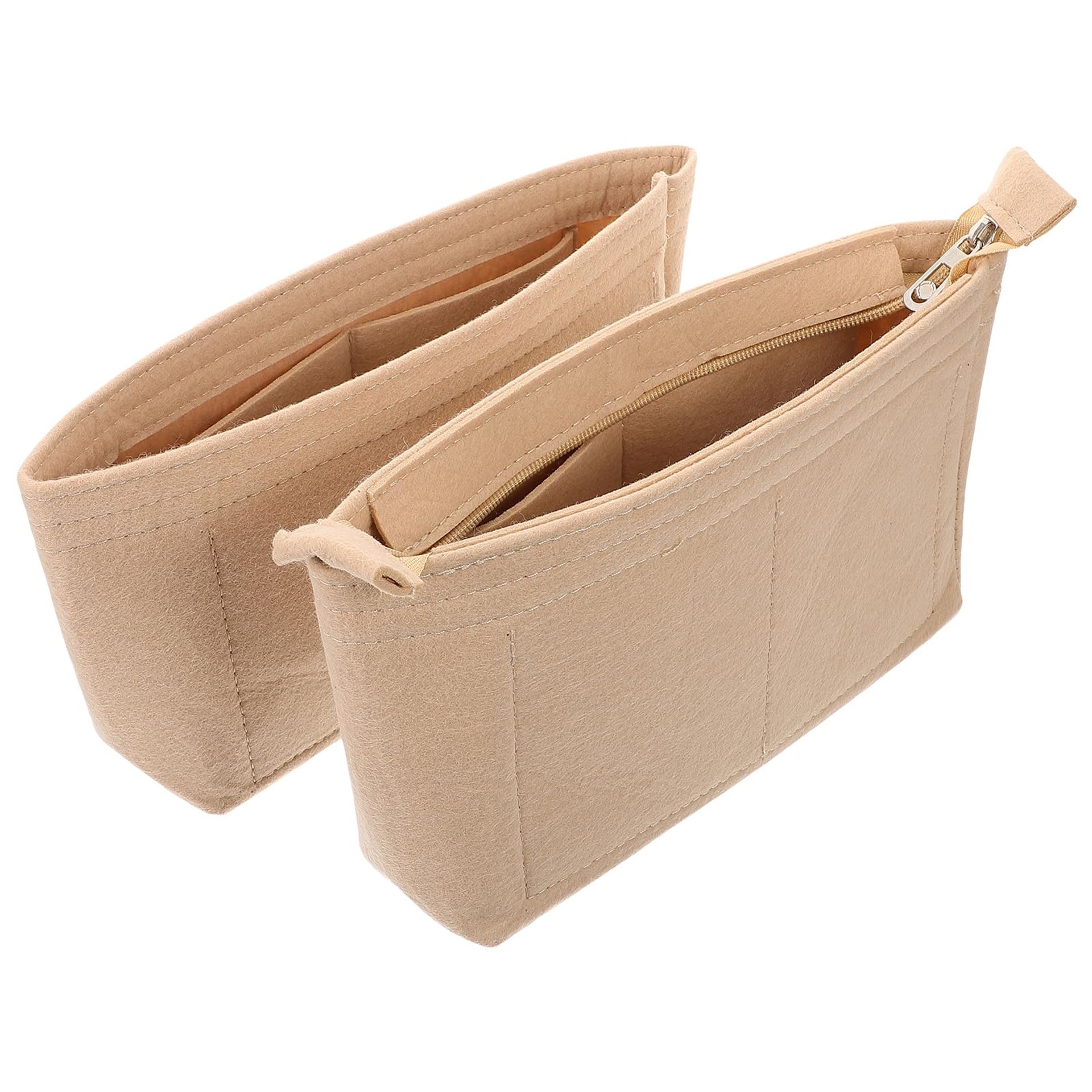 ABOOFAN Beige Felt Bag Organiser Insert with Zipper & Open Tote Handbag Purse Organiser - 2pcs Set