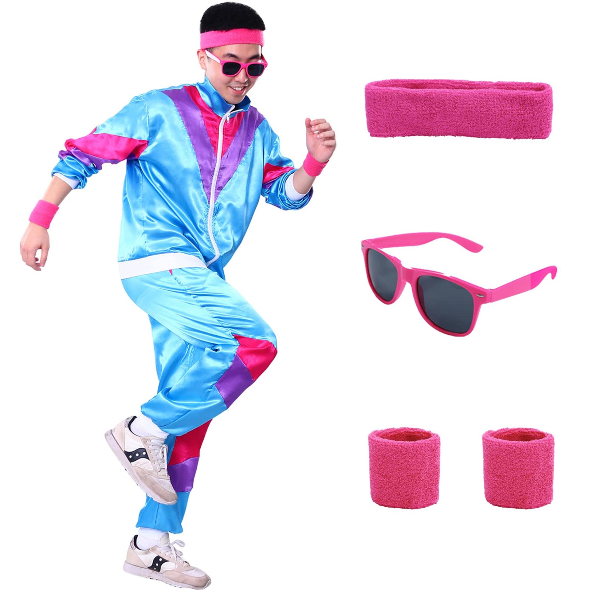 80s Shell Suit Costume Retro Fancy Dress Tracksuit with Accessories for Men & Women - Pink XL