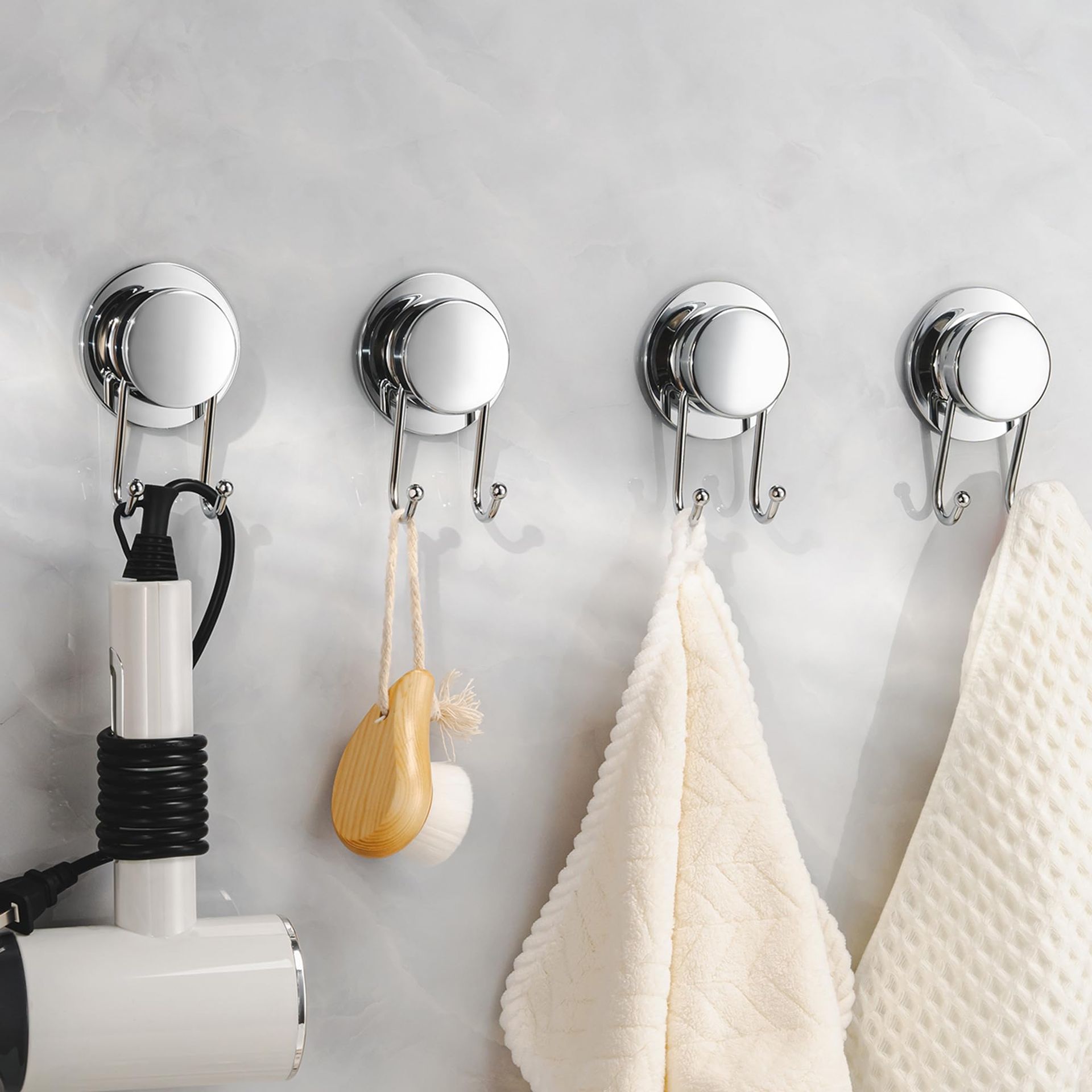4 PCS Heavy Duty Suction Cup Hooks - No Drill, Silver - Holds up to 15lbs