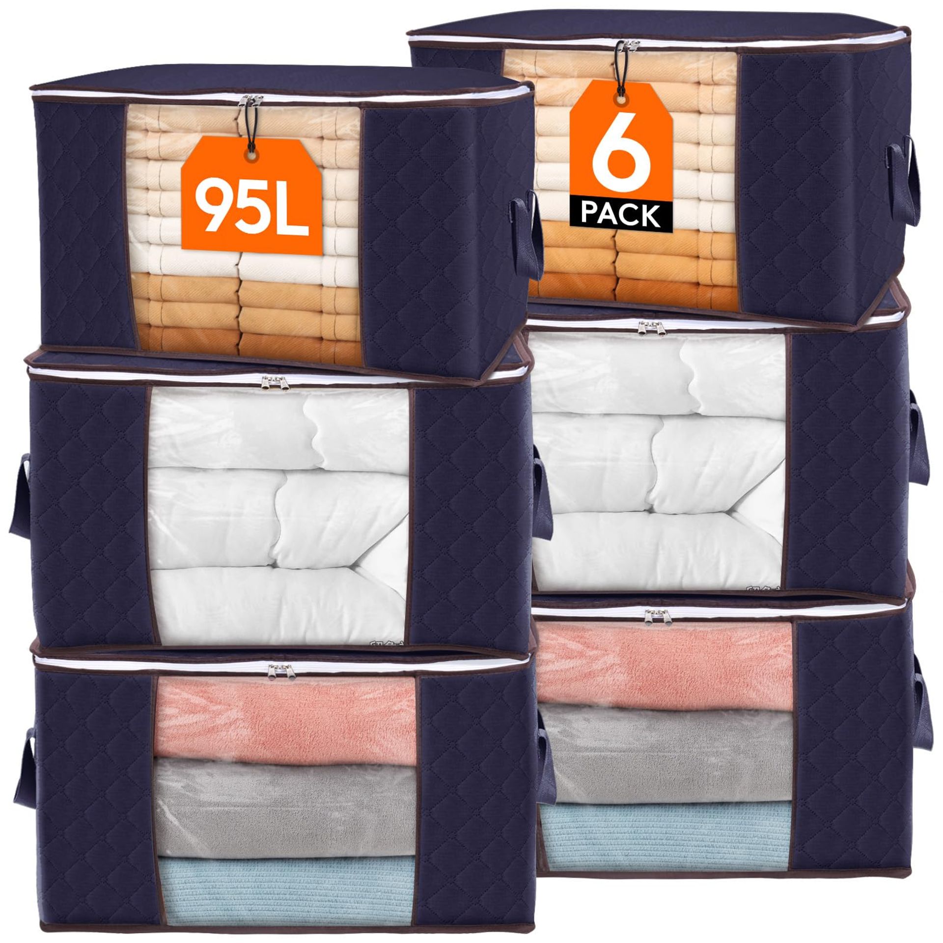 Lifewit 95L Clothes Storage Bags Large Storage Box With Lid Packing Boxes for Moving House With Reinforced Handle Thick Fabric Clear Window for Clothes Duvet Blankets Bedding, 6 Pack, Blue