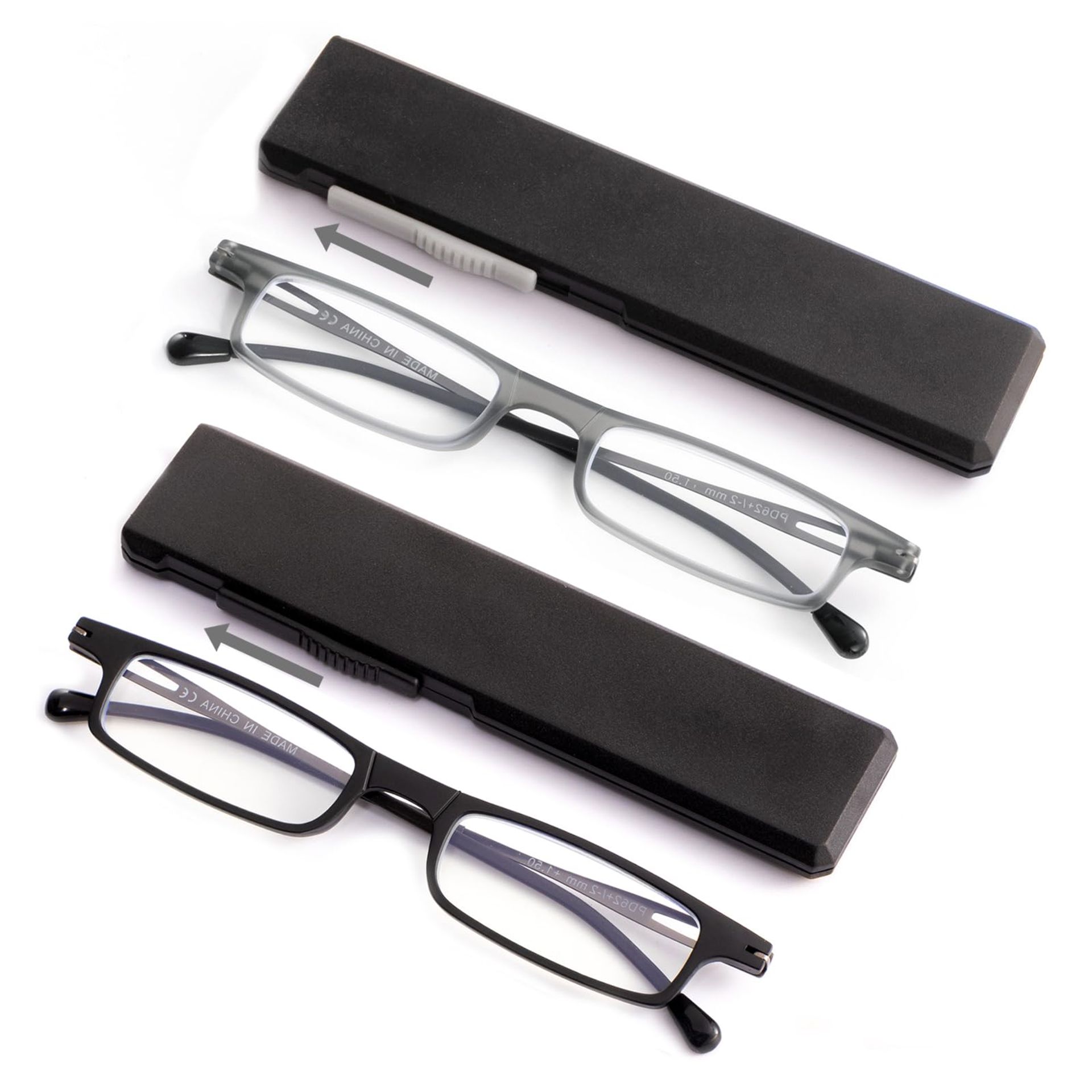 Folding Reading Glasses 2 Pack Ultra-Thin Compact Travel Readers with Case for Men & Women - Black+Grey 3.50