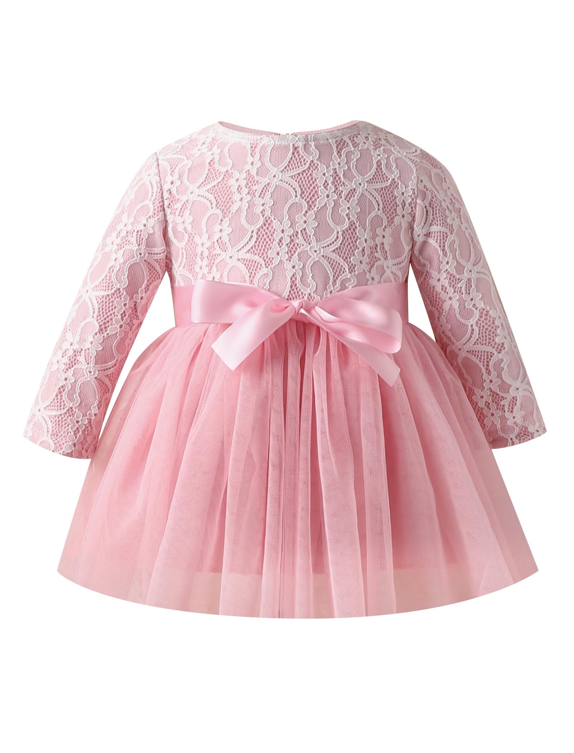 Baby Girls Lace Floral Long Sleeve Bowknot Tulle Party Dress for Birthday Wedding or Baptism - Pink 9-12 Months