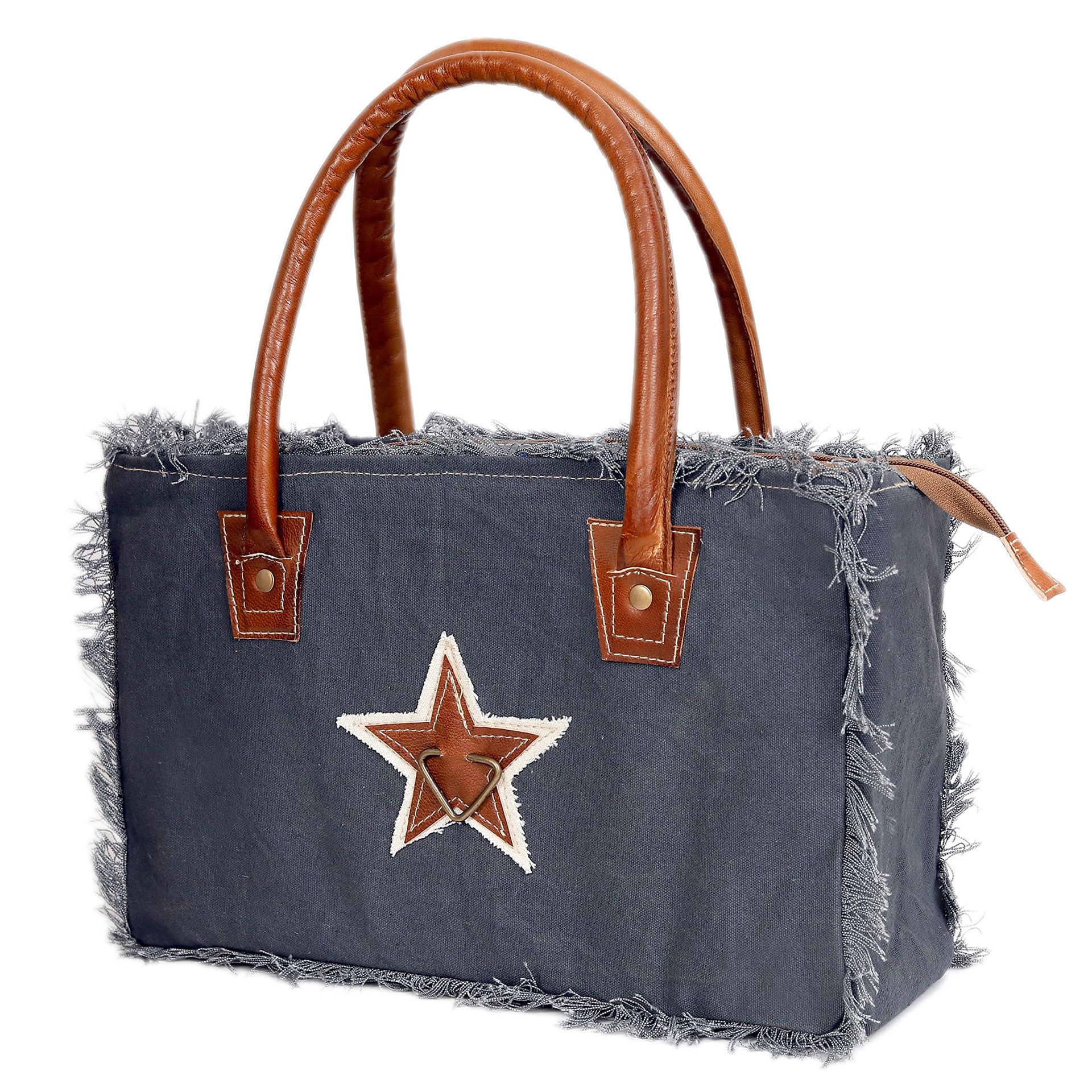 Women's Upcycled Canvas & Cowhide Leather Tote Handbag Handmade Fashion Bag - Grey Medium - Valentines