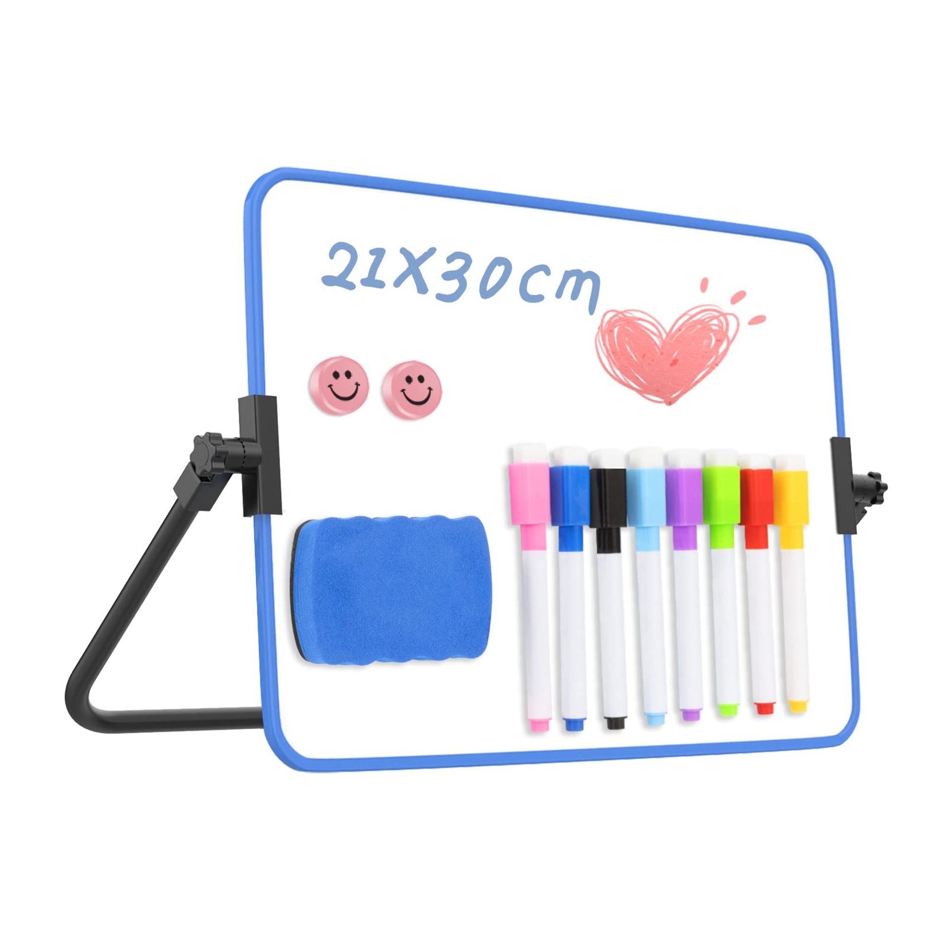 Dry Erase Whiteboard with Stand, 21 x 30 cm Double-Sided Desktop White Board for Kid Student School Home Office (Blue)