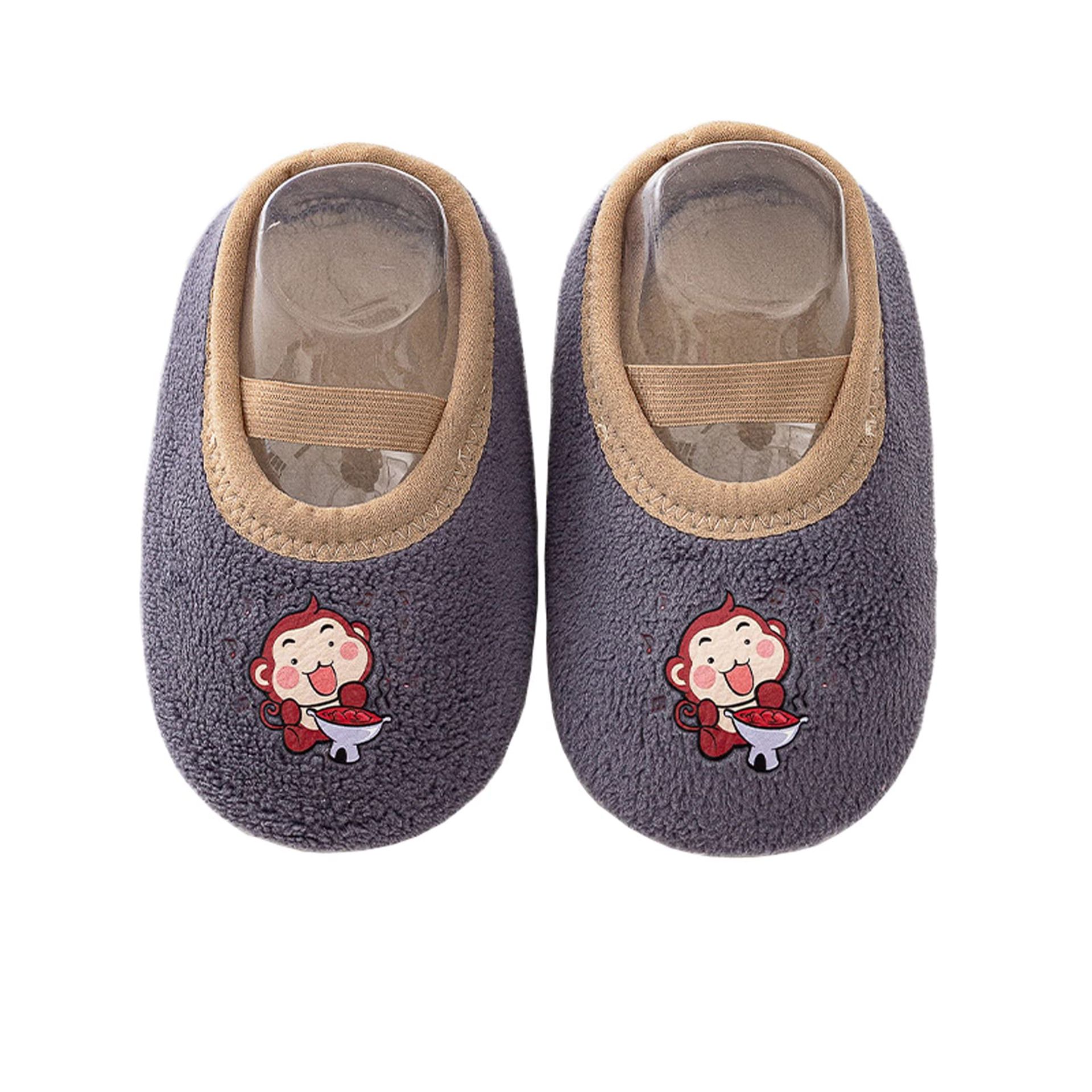 Baby Slippers Fleece Lined Soft Sole Shoes for Toddlers, Warm Winter Non-Slip First Walkers - Monkey, 0-6 Months