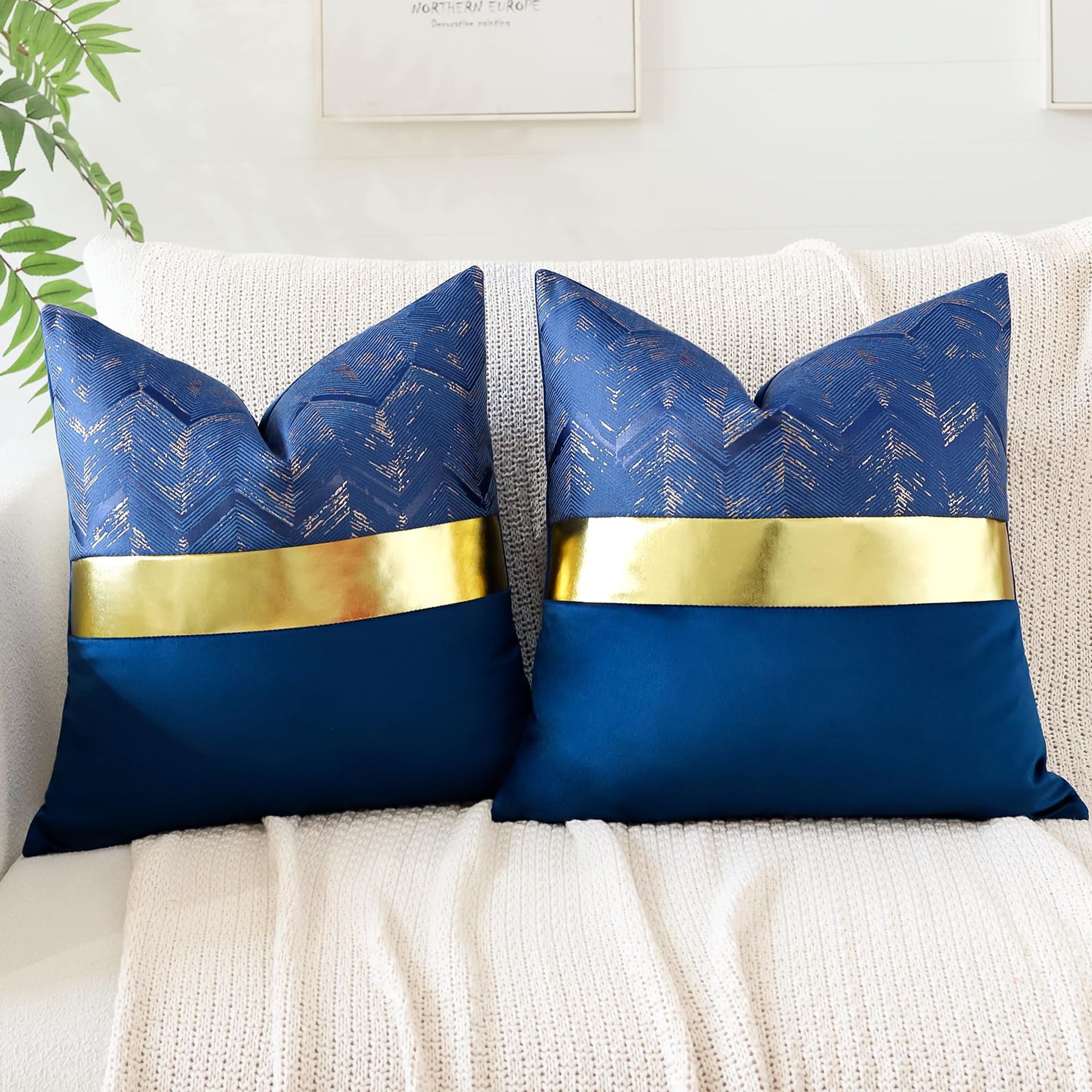 Set of 2 Velvet Cushion Covers 45x45cm Navy Blue with Gold Leather Stitching - Artscope Luxury Home Décor