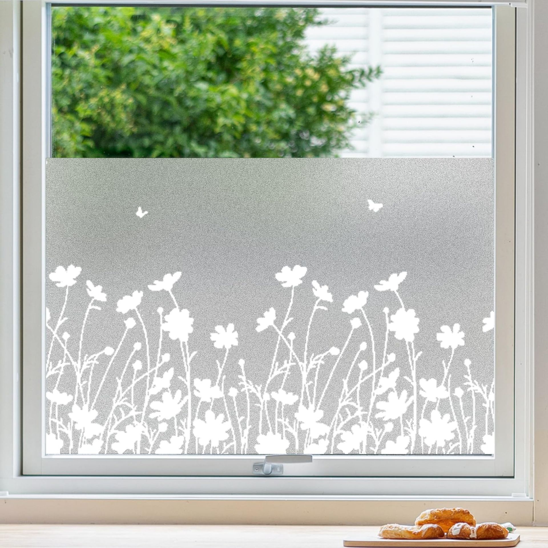 Frosted Window Film Privacy Glass Cover 90x400cm Opaque Flower Pattern - No Glue Static Cling for Bathroom, Kitchen & Office