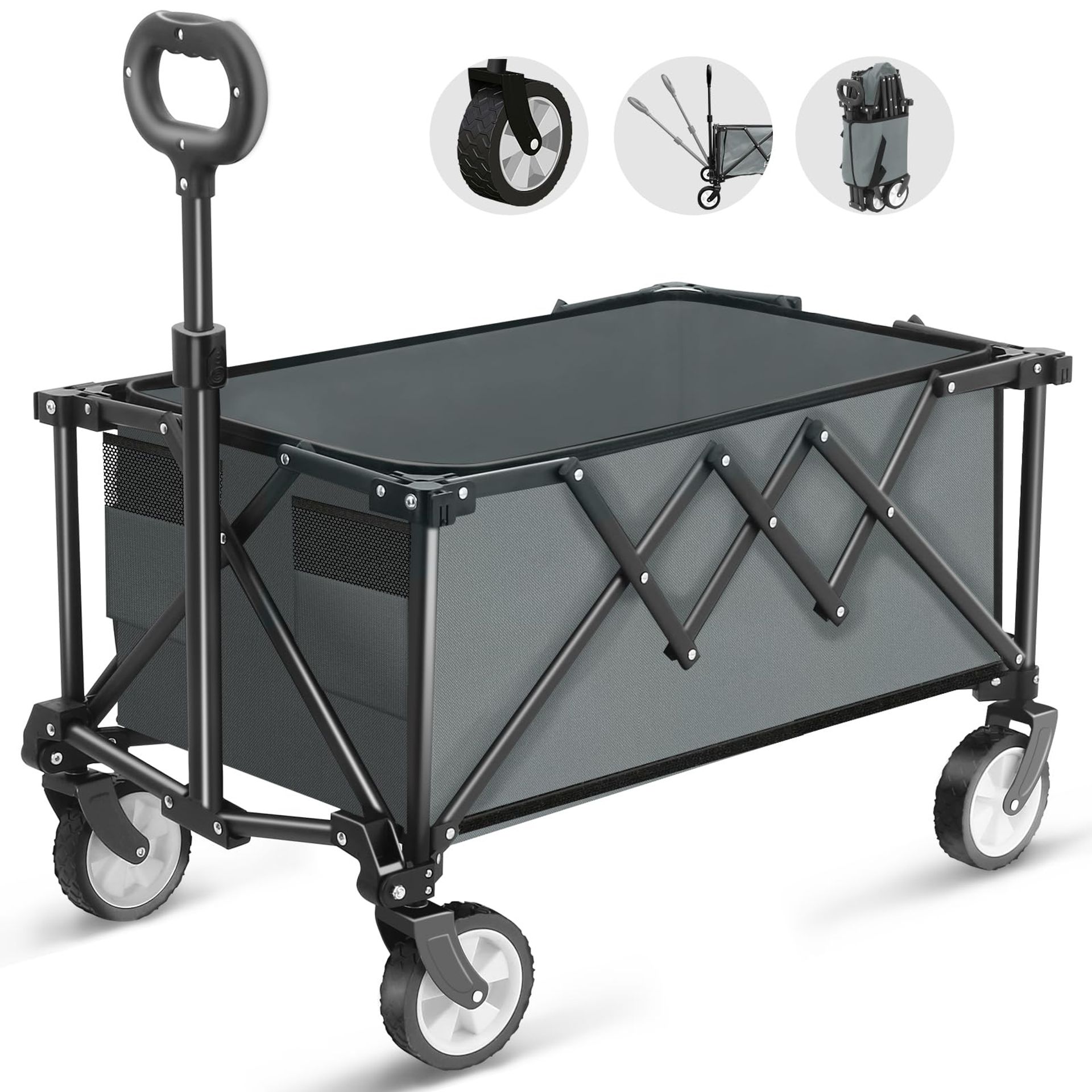 Folding Garden Trolley 100L All Terrain Wagon Adjustable Handle & Carry Bag - Grey M