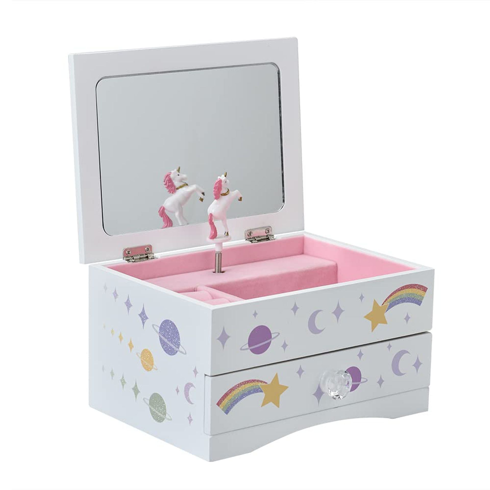 Unicorn Musical Jewellery Box Wooden Storage Keepsake with Glitter Design and Spinning Unicorn - Purple Unicorn