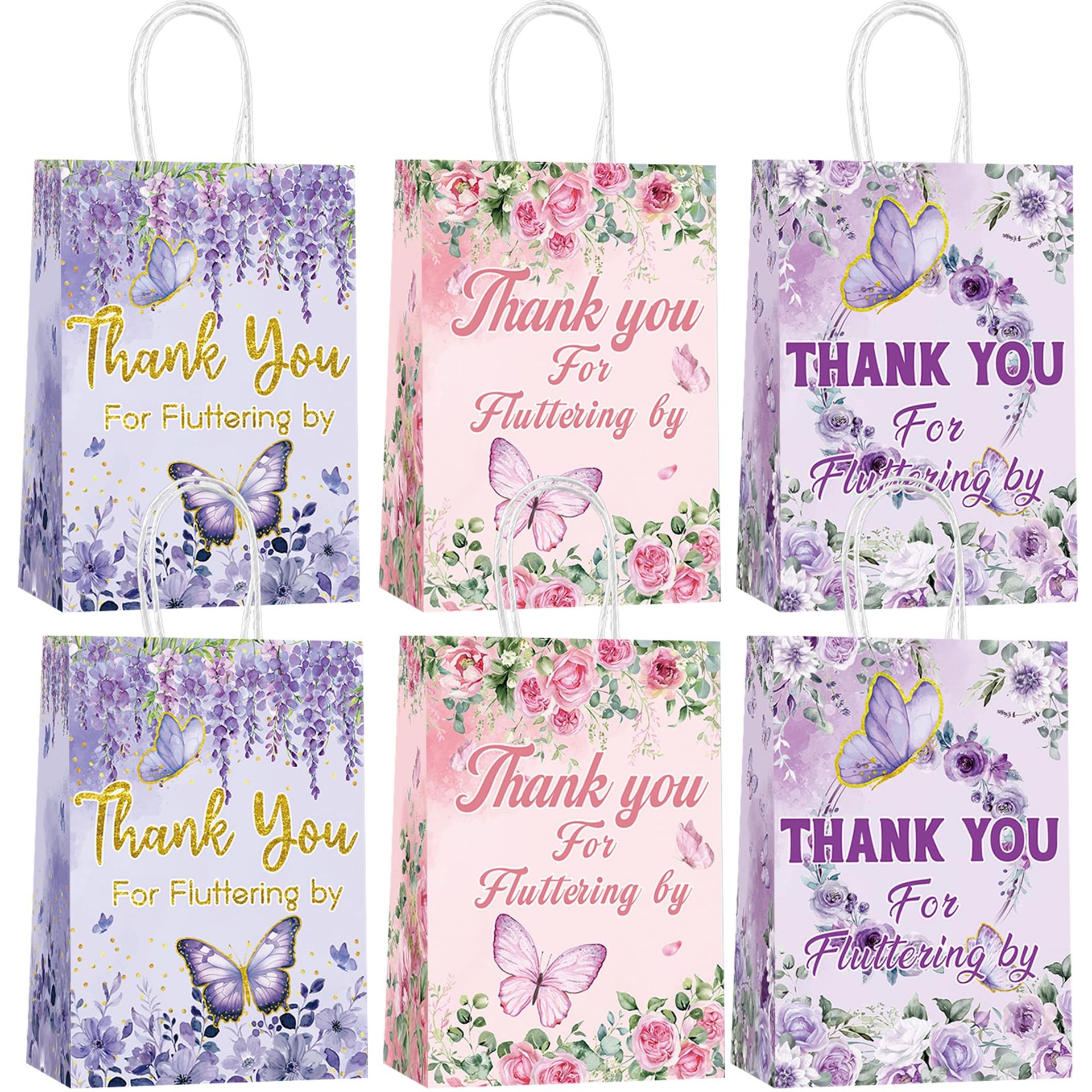 Butterfly Thank You Gifts Bags - 38 Pcs Paper Party Favor Bags with Handles, Small Colourful Floral Gift Bag for Birthday Baby Shower Wedding Thanksgiving Party Supplies - Valentines