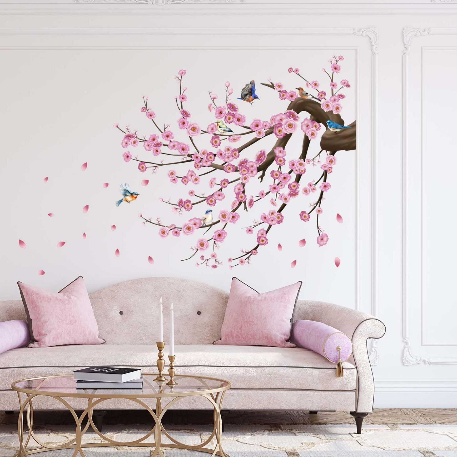 Amimagen Pink Watercolor Cherry Blossom Flower Wall Stickers - Tree Branch Floral Birds Wall Decals - Bedroom Living Room Sofa TV Background Home Wall Decor