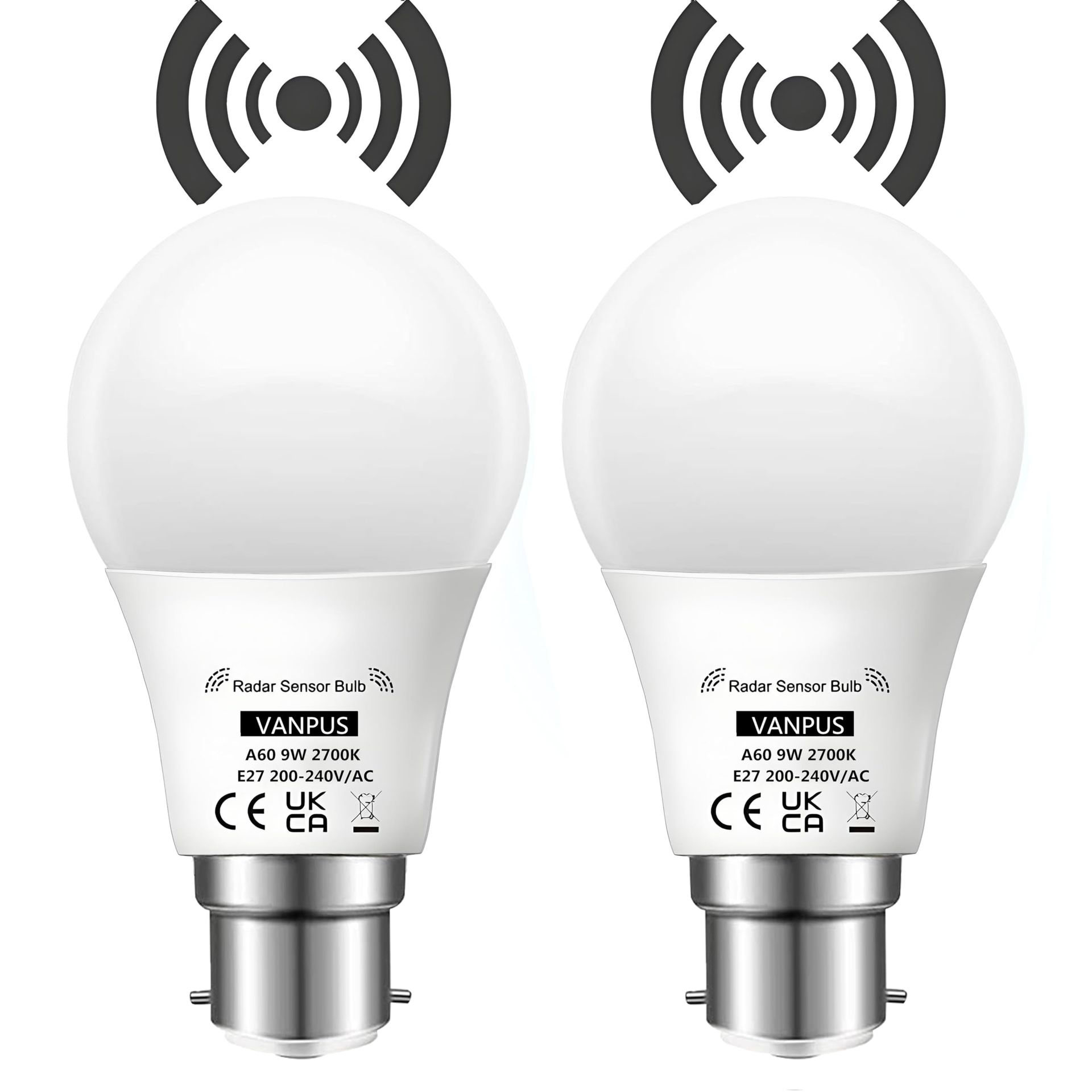 Motion Sensor LED Light Bulbs 9W Dusk to Dawn Auto On/Off B22 Base for Home & Outdoor Use - Warm White 2700K A60