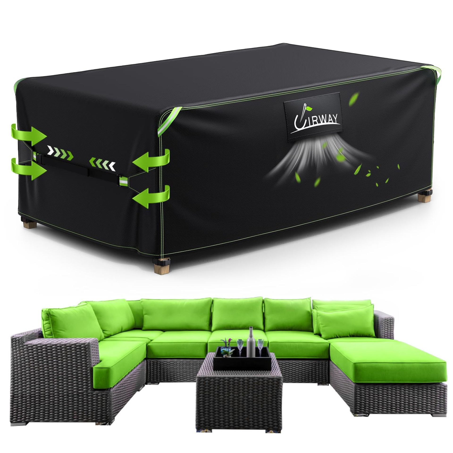 Garden Furniture Cover Waterproof 420D Heavy Duty with Air Vent & Reflective Strips for Outdoor Patio Table Set - Green 280x205x106cm