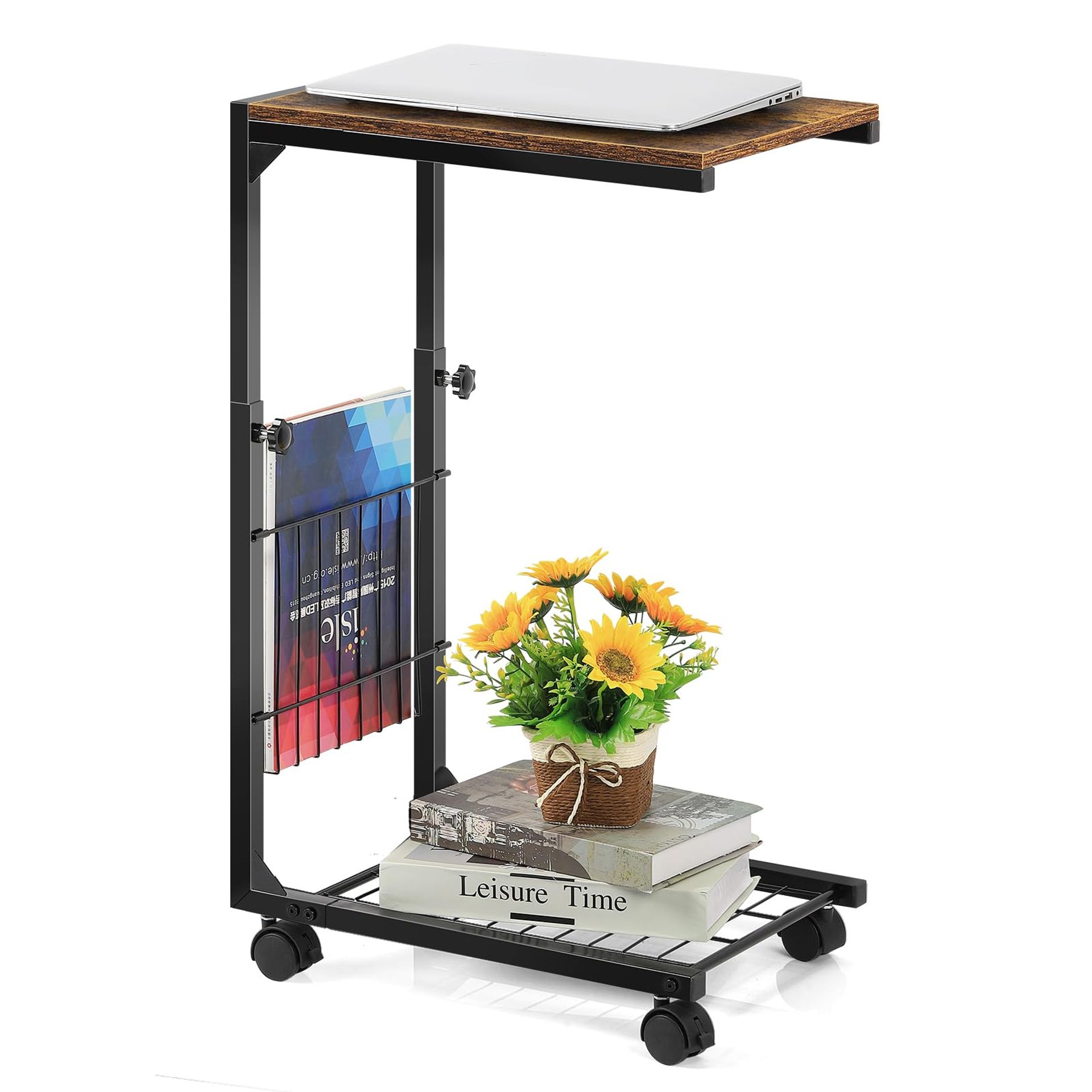 Adjustable Side Table with Wheels, Sofa Laptop Desk with Storage Basket, Space-Saving C-Shaped Coffee Table for Living Room or Bedroom