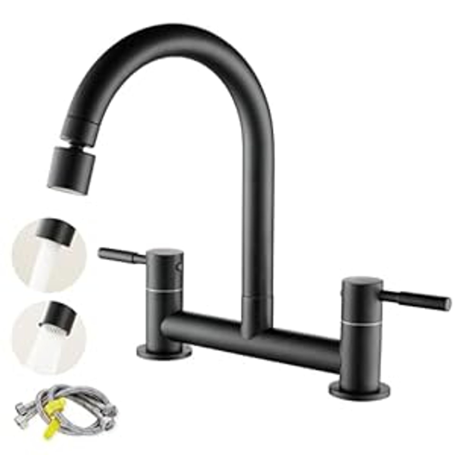 Ghopy Kitchen Sink Mixer Taps 2 Hole Deck Mounted Antique Brushed Brass Swivel Spout Bridge Mixer Tap - View #6