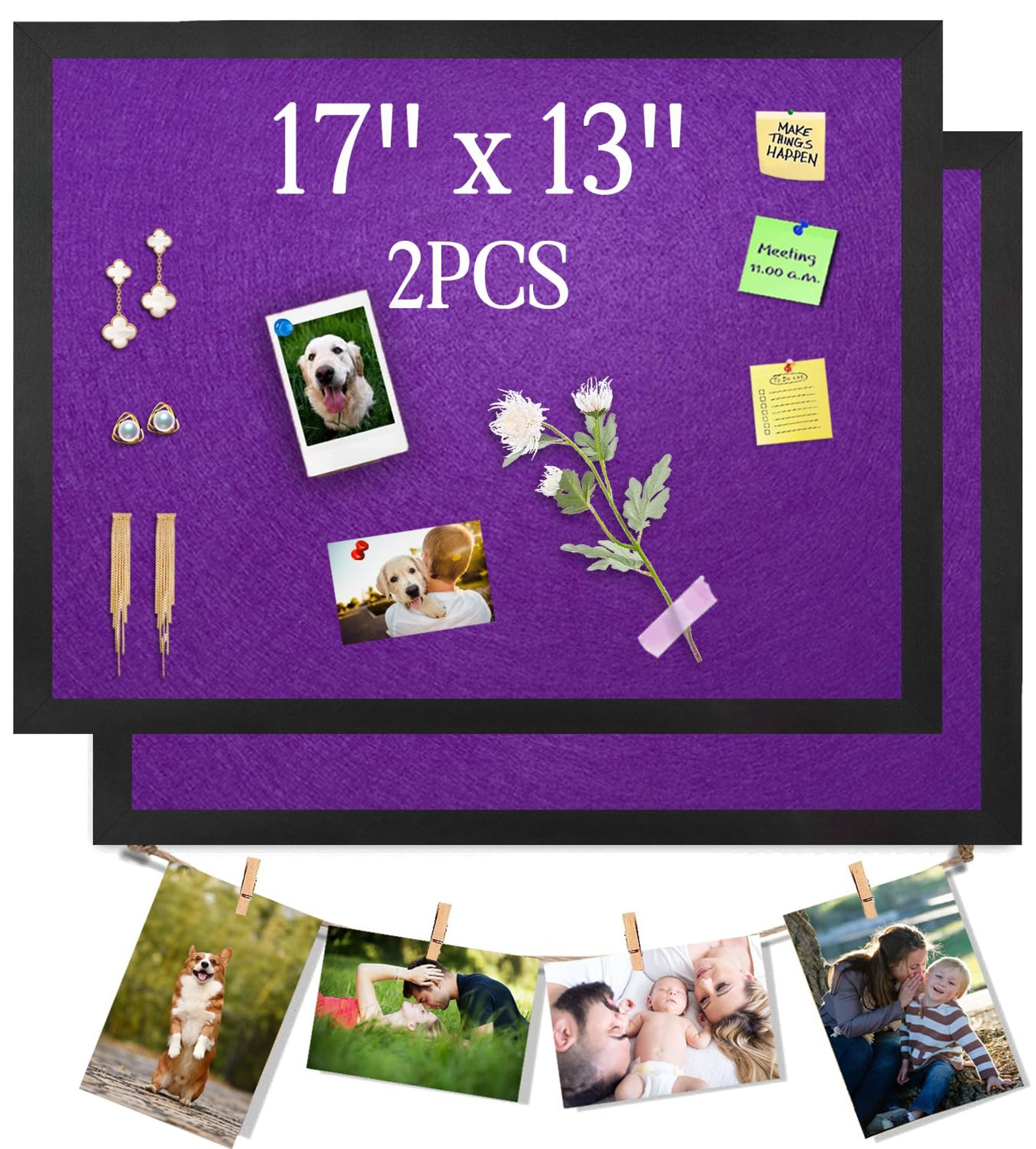 Bulletin Board Set Felt Cork Display Board with Black Frame 2 Pack - Purple 43x33cm