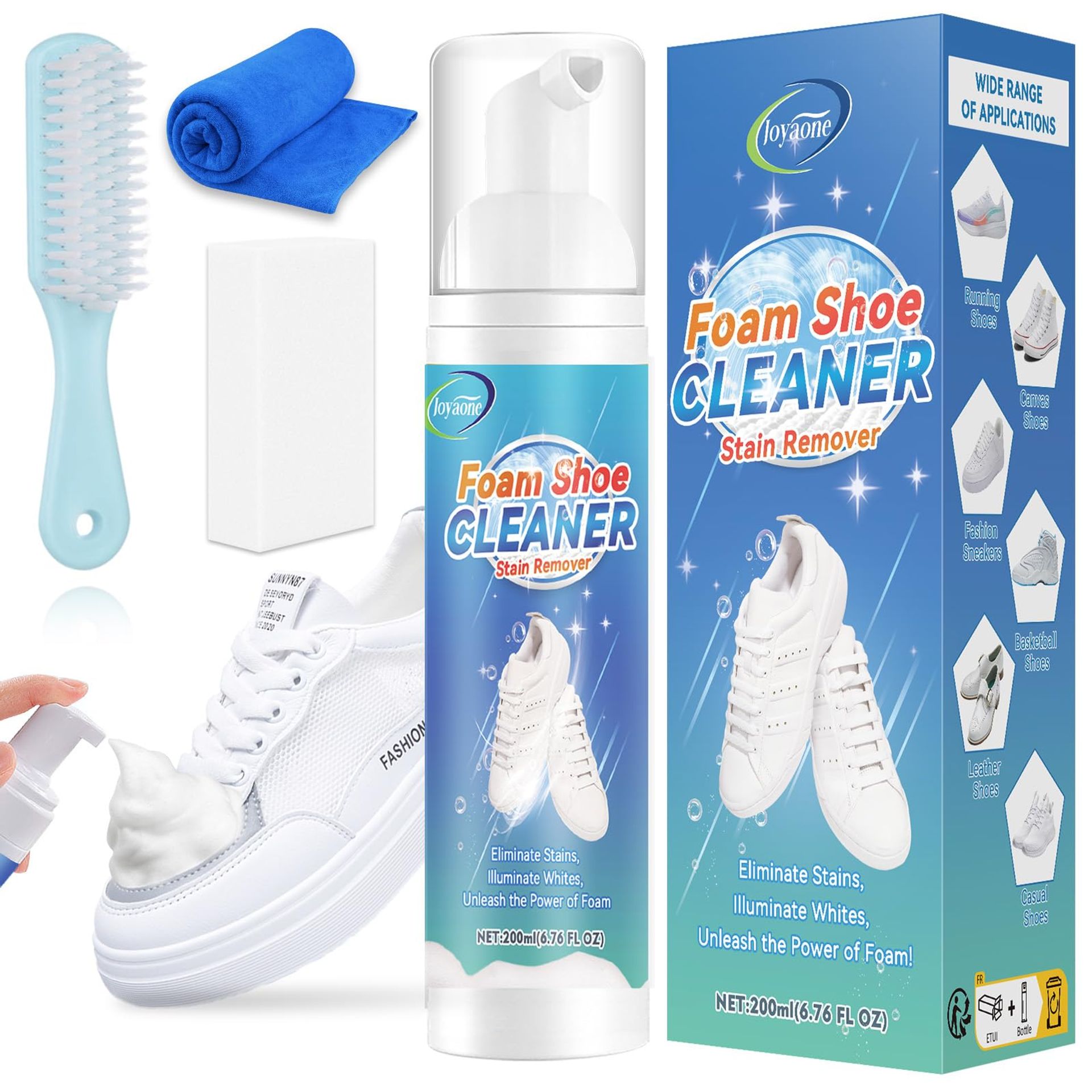 Shoe Cleaner Kit with Brush, Towel and Sponge Quick Foam Cleaner for Sneakers, Canvas, Leather and Knit Shoes - White 200ml