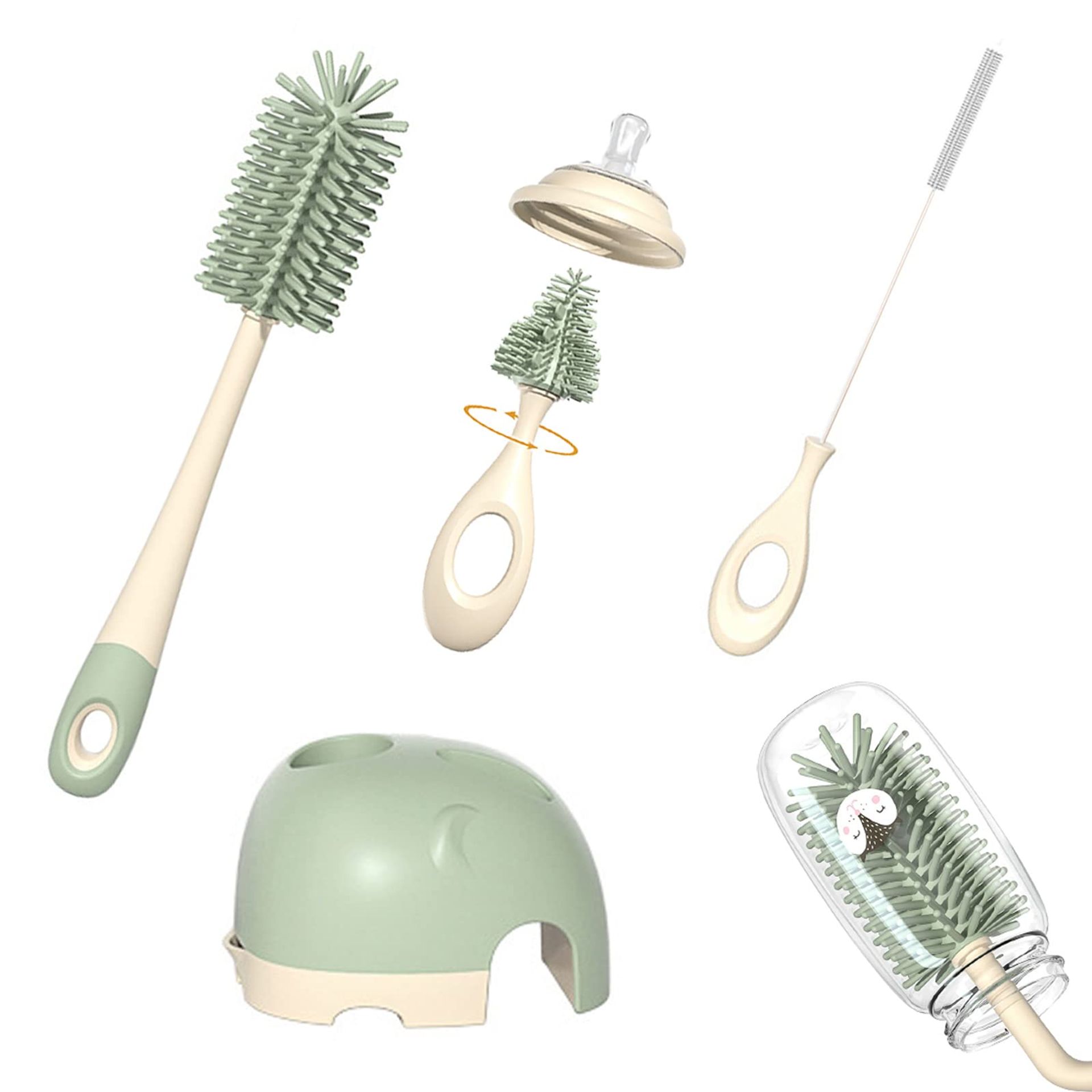 FOVNOT Long Handle Silicone Bottle Brush - Baby Set for Breast Pumps, Nipples, Storage Bags, Straws, Sippy Cups - Stand Included