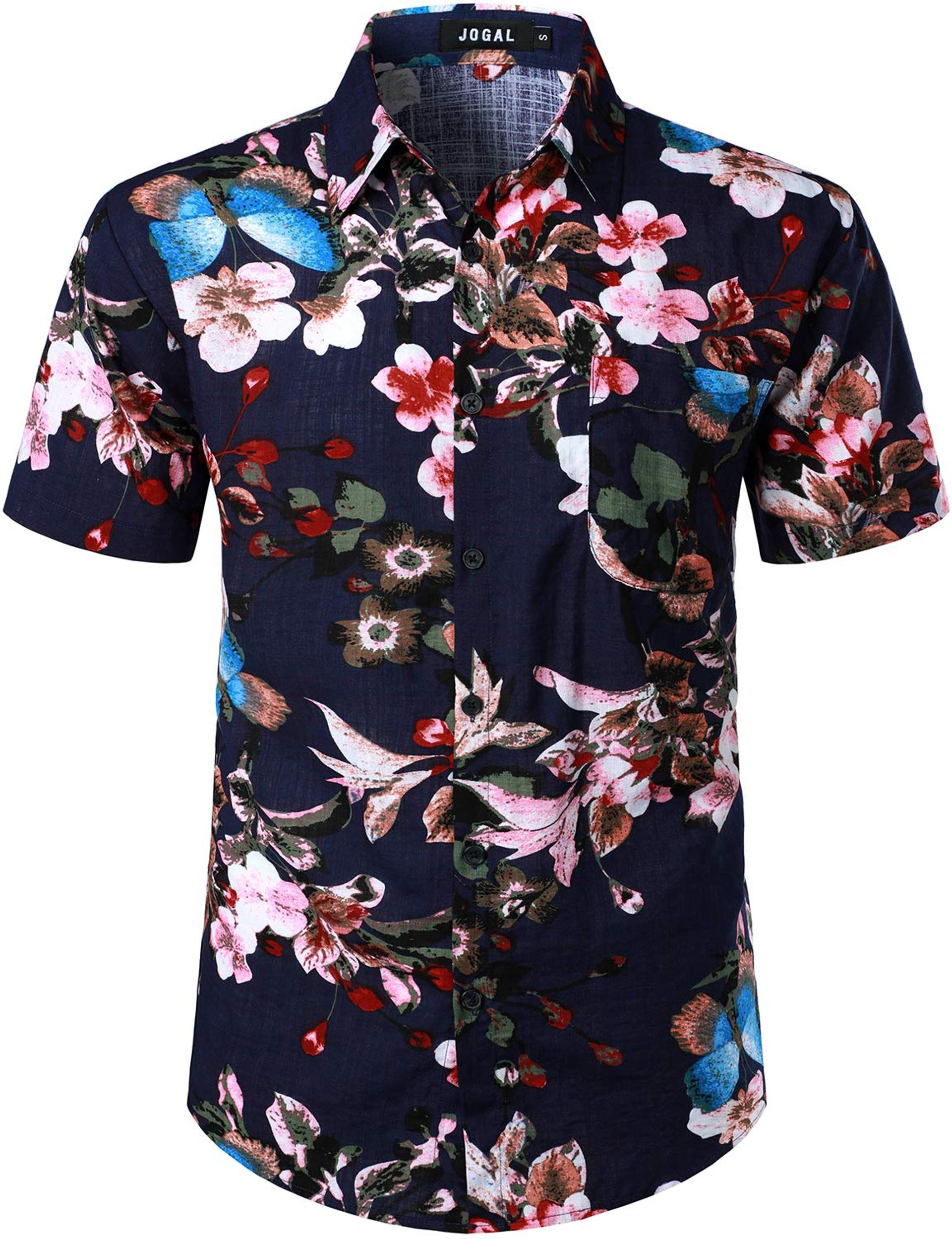 Men's Hawaiian Shirt - Floral Print, Short Sleeve, Casual Beachwear, Navy Leaf Design, Large
