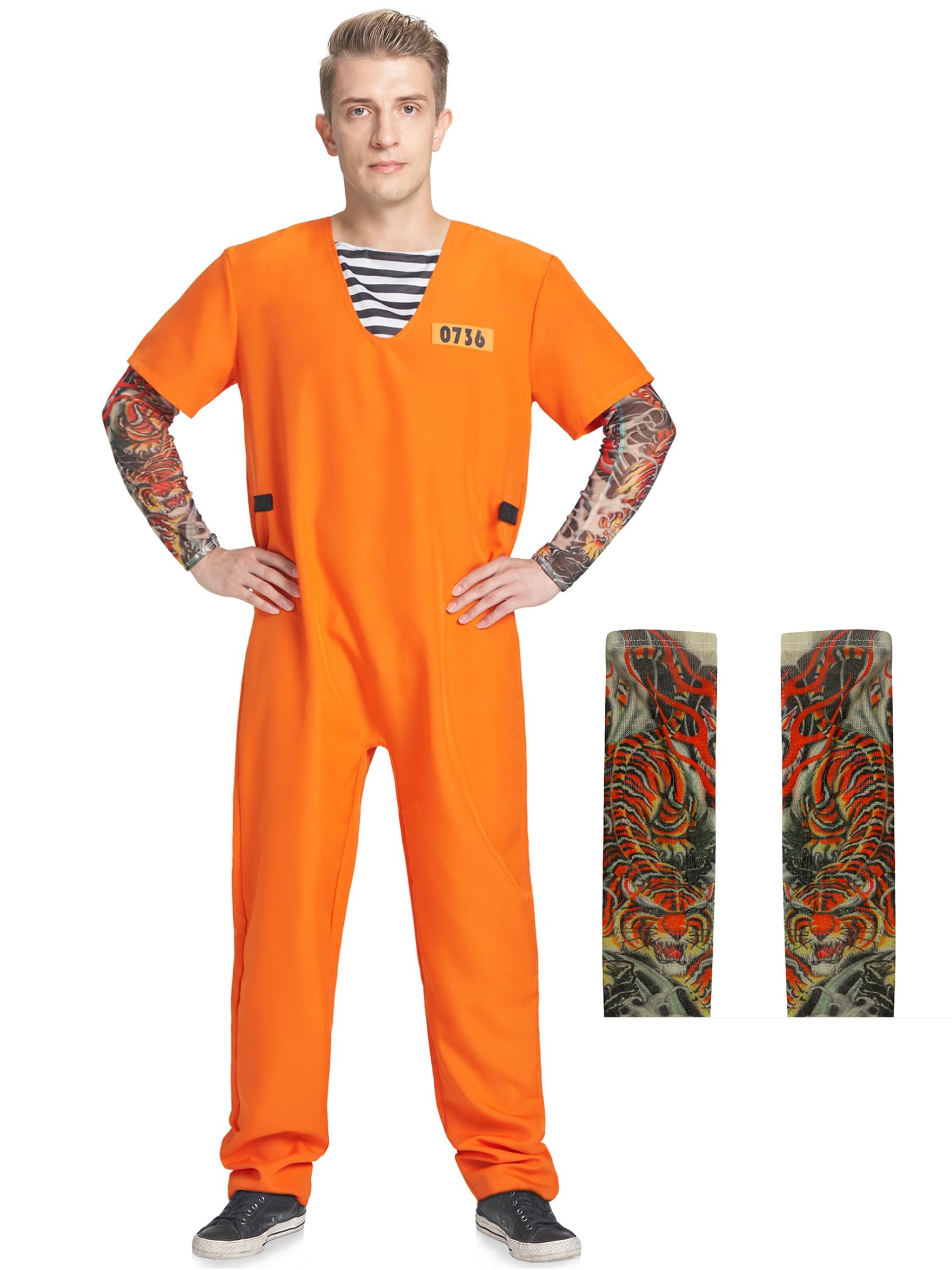 Men's Prisoner Costume 2 Piece Convict Jumpsuit with Tattoo Sleeves for Halloween Fancy Dress - Prisoner L-XL