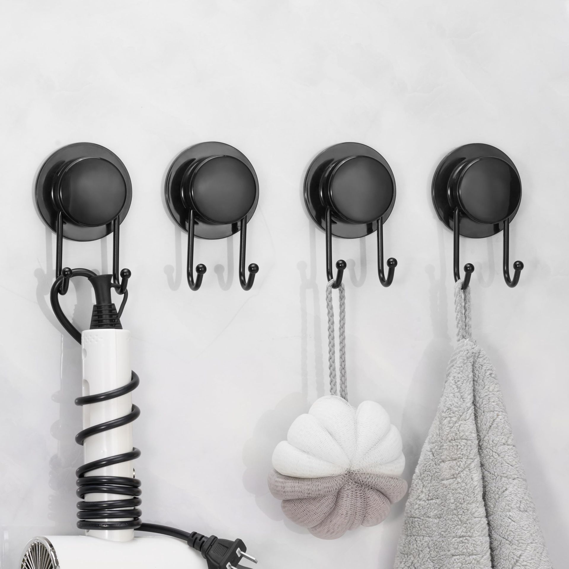 Heavy Duty Black Suction Hooks 4 PCS - No Drill Bathroom & Kitchen Hanging Hooks