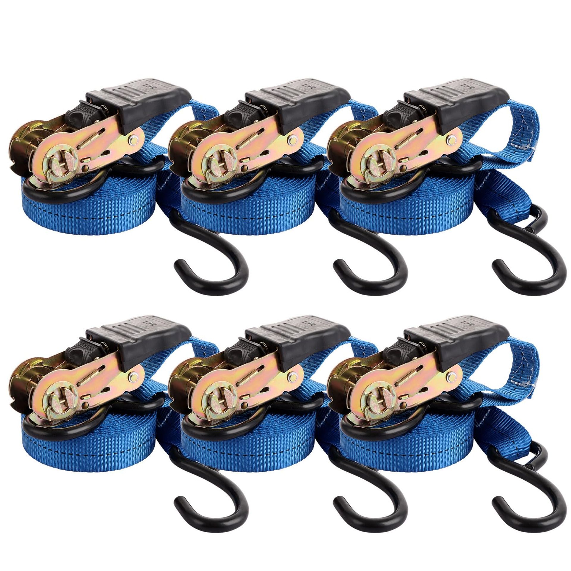 6 Ratchet Tie Down Straps 2.5cm x 6m, 5000lb Break Strength, Heavy Duty Lashing Straps with Metal J Hooks for Transport – Blue