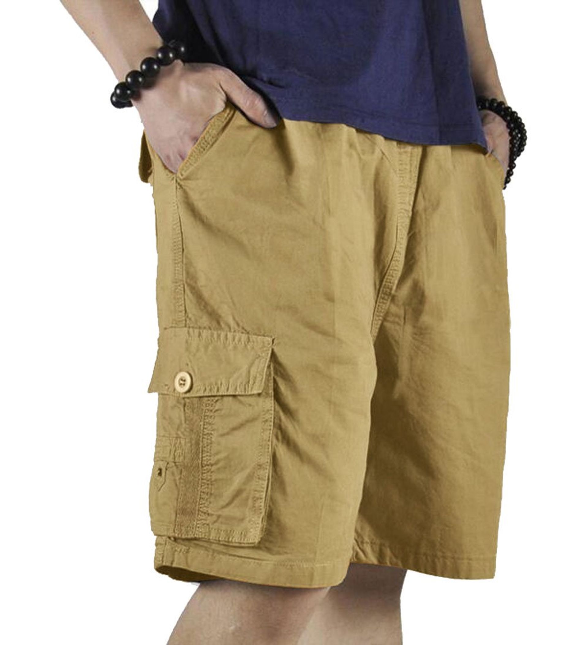 Men's Lightweight Cotton Cargo Shorts Full Elastic Waist Loose Fit Drawstring Workout Style - Yellow 32