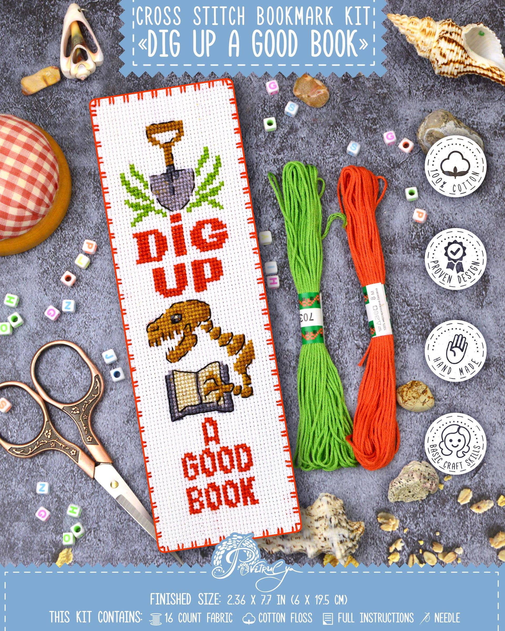 Counted Cross Stitch Bookmark Kit 'Dig Up A Good Book' with 16 Count Aida, Dinosaur Design & Presorted Floss for DIY Embroidery Gifts