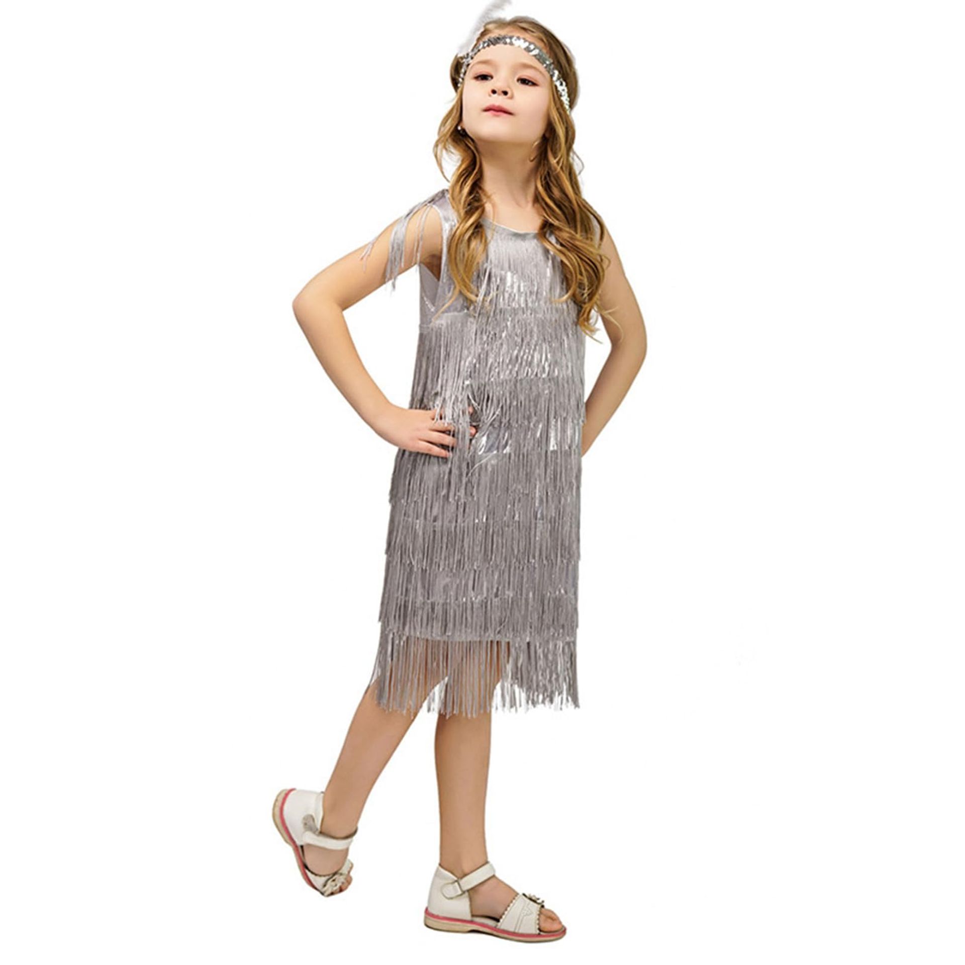 Girls Lyrical Latin Dance Dress with Tassels and Sequins for Ballroom or Party - Slive 10-12 Years