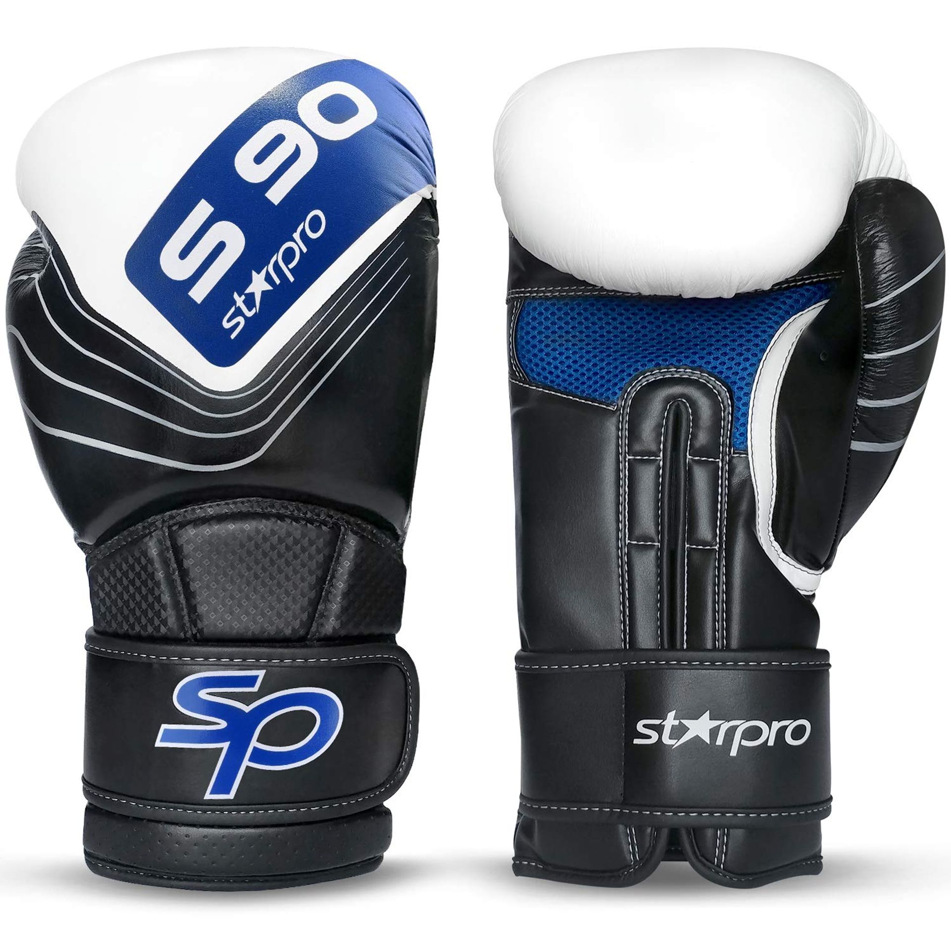 Wrist-Shield Boxing Gloves Faux Leather Training & Sparring for Men & Women - Black/Blue/White 12oz