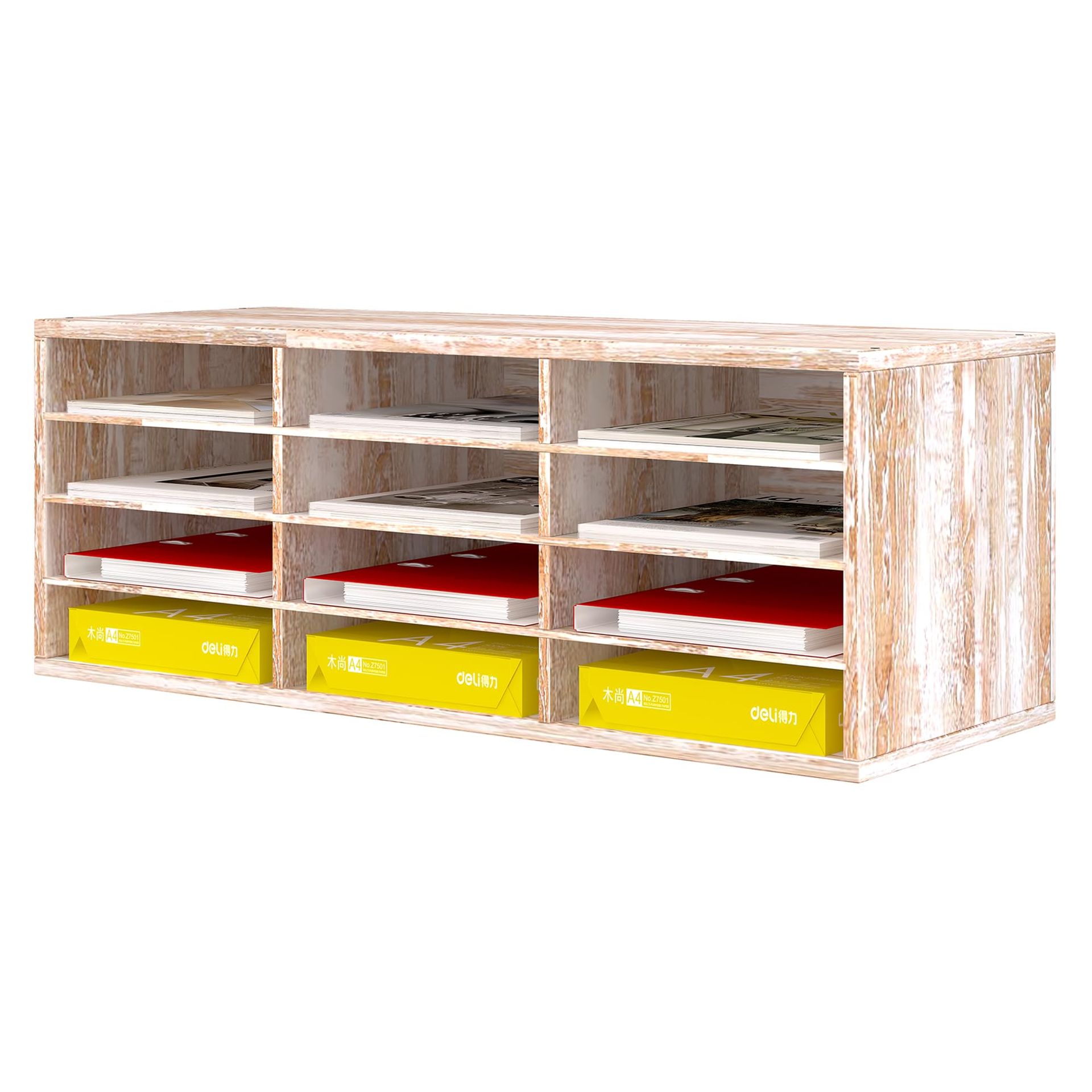 Wood Paper Storage Organiser Desk File Sorter 12 Compartments Adjustable Shelves - Retro White 12 Compartment(4*3)