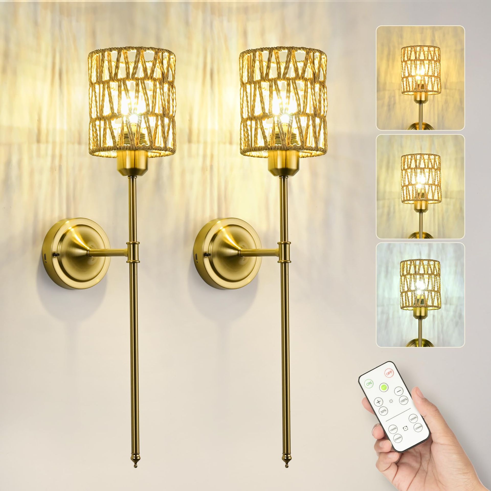 Rechargeable Wall Lights with Remote, Timer & Dimmable LED Lighting 3 Colour Temperatures 3000K/4500K/6000K, 5400mAh Battery Operated - Gold Rattan