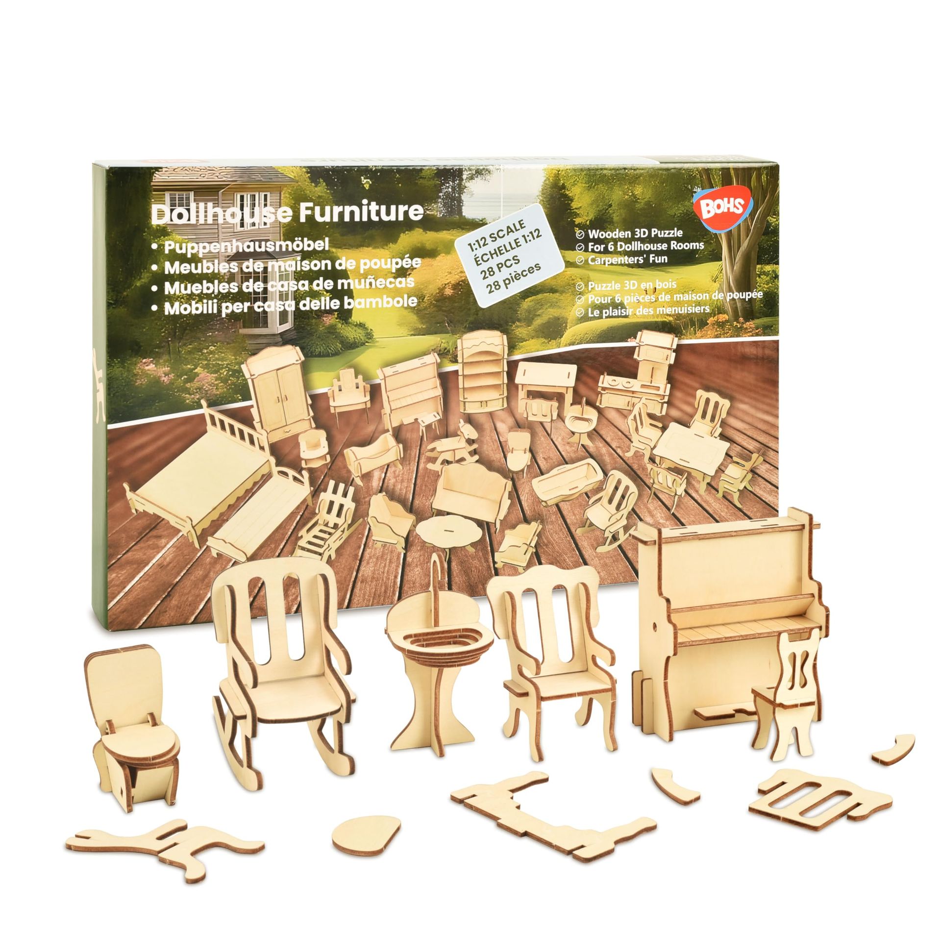 Wooden Dolls House Furniture Set 1/12 Scale 3D Puzzle DIY Kit 28 Pieces for Miniature Dollhouse Rooms - Wood XB-DF458