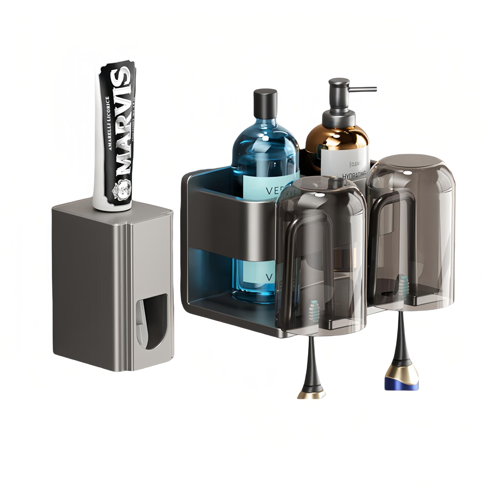 Wall Mounted Bathroom Holders Set - 2 Cups Toothbrush Holder, Cosmetic Organiser & Toothpaste Dispenser, Grey