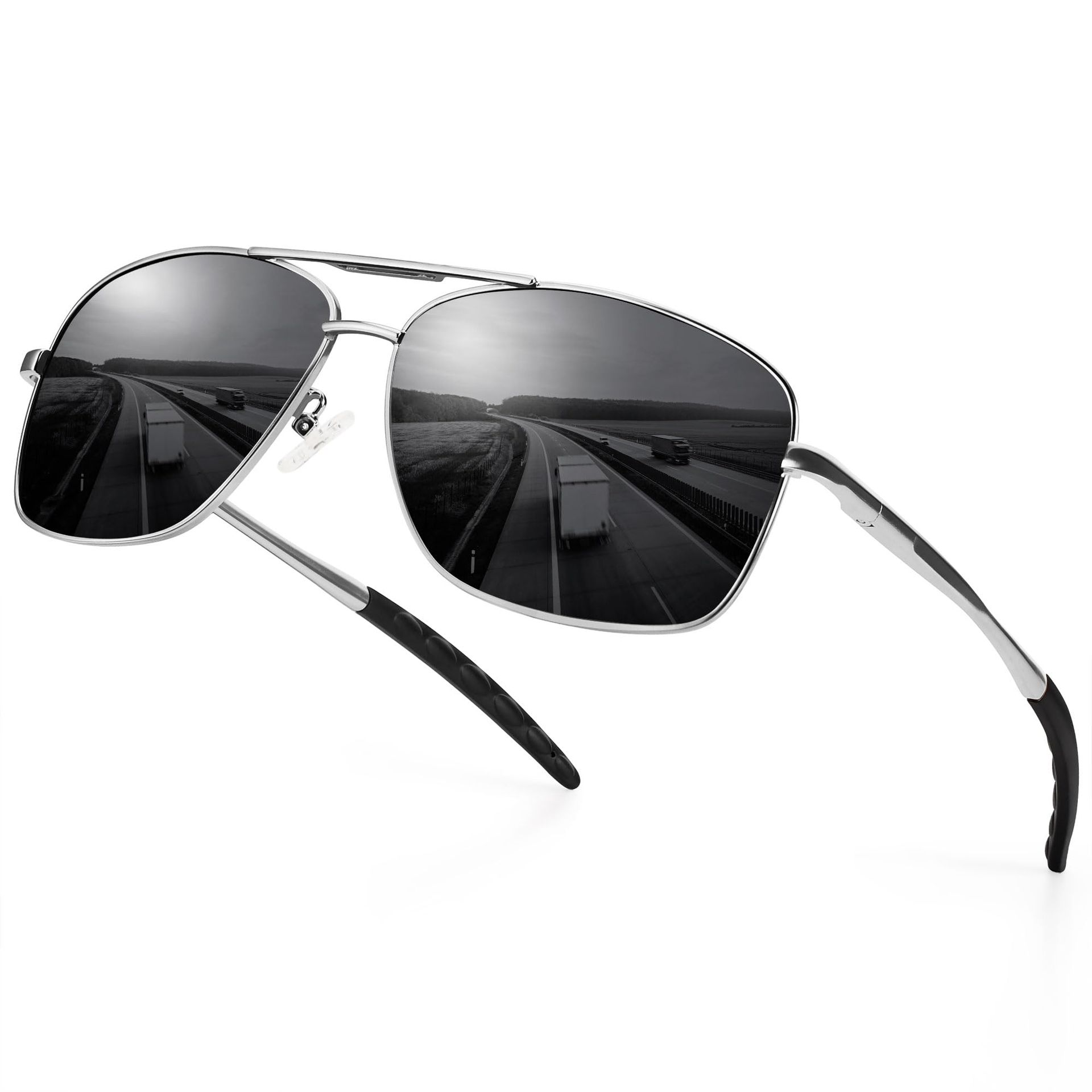 Polarised Pilot Sunglasses Unisex UV400 Metal Frame Classic Driving Glasses - Silver Frame/Grey Lens L