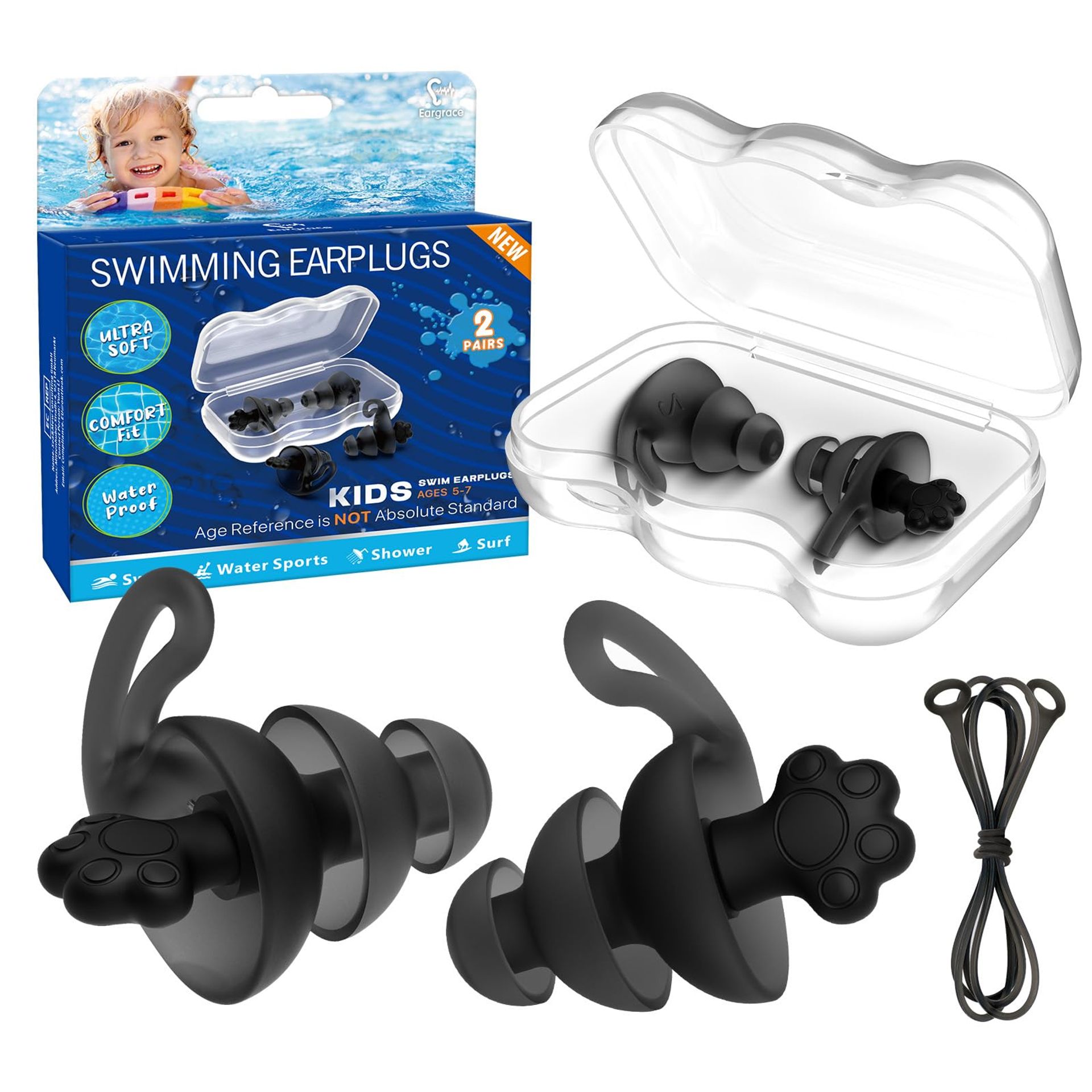 Kids' Waterproof Swimming Ear Plugs 5-7, 2 Pairs with Silicone Cord, Reusable & Comfy