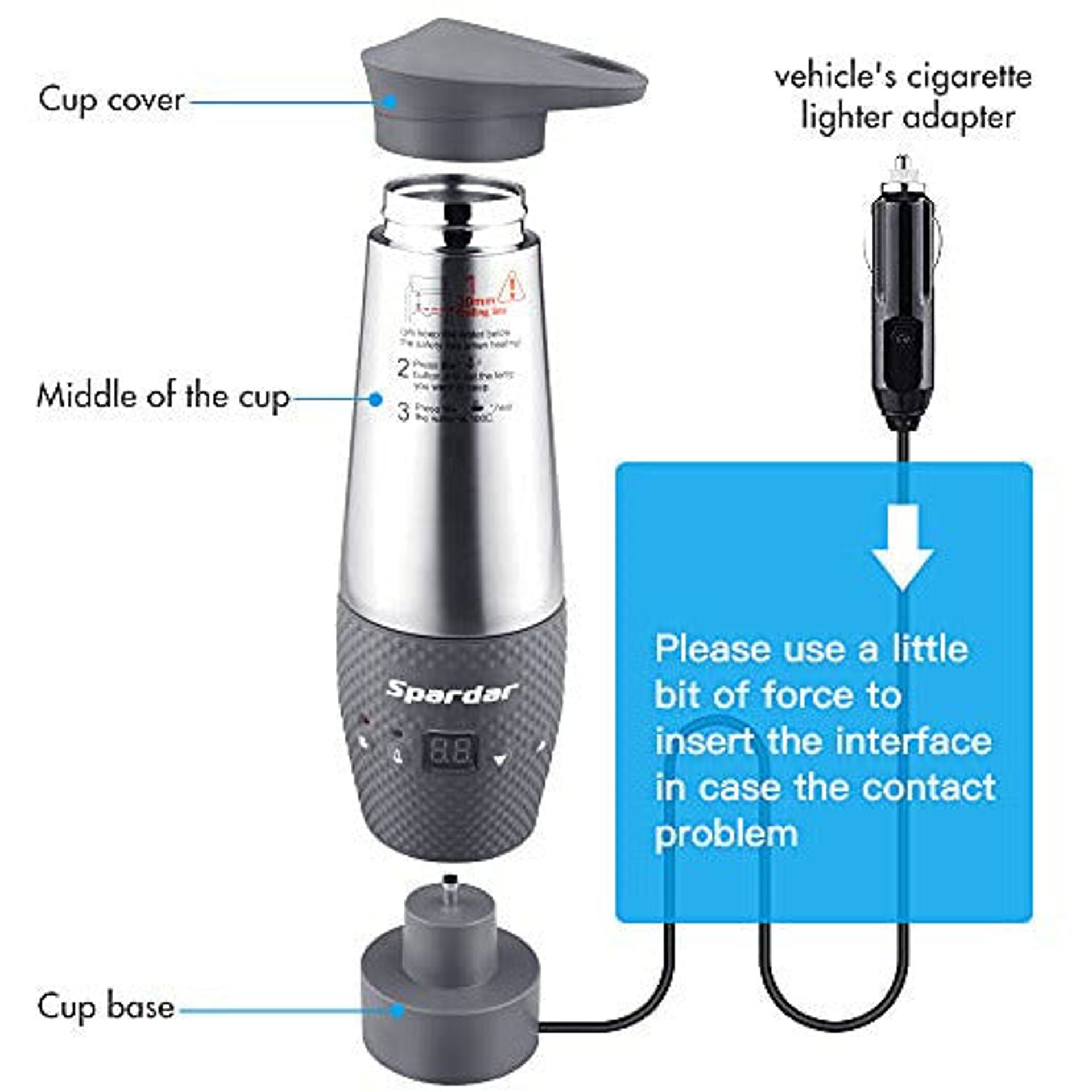 Spardar Water Heating Cup For Car Double Wall Vacuum Insulated Stainless
